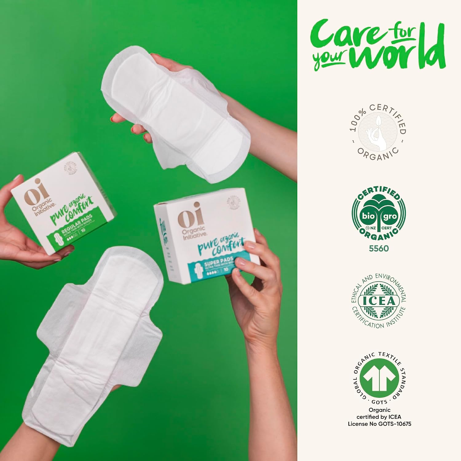 Oi | Organic Initiative - Ultra Thin Pads with Wings, 20 Count (10 Regular/10 Super) | 100% Certified Organic Cotton Pads, Unscented | Leak Free, Biodegradable Thin Pads for Women | Non-GMO, Non Toxic
