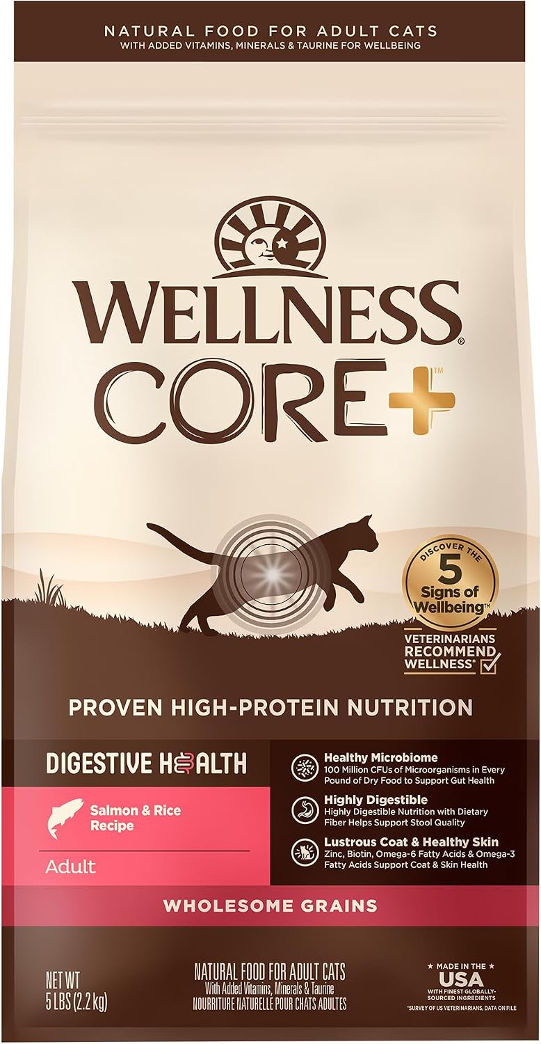 Wellness CORE+ Adult Dry Cat Food, Natural, Wholesome Grains Kibble, Digestive Health Chicken and Rice Recipe, 5 lb Bag