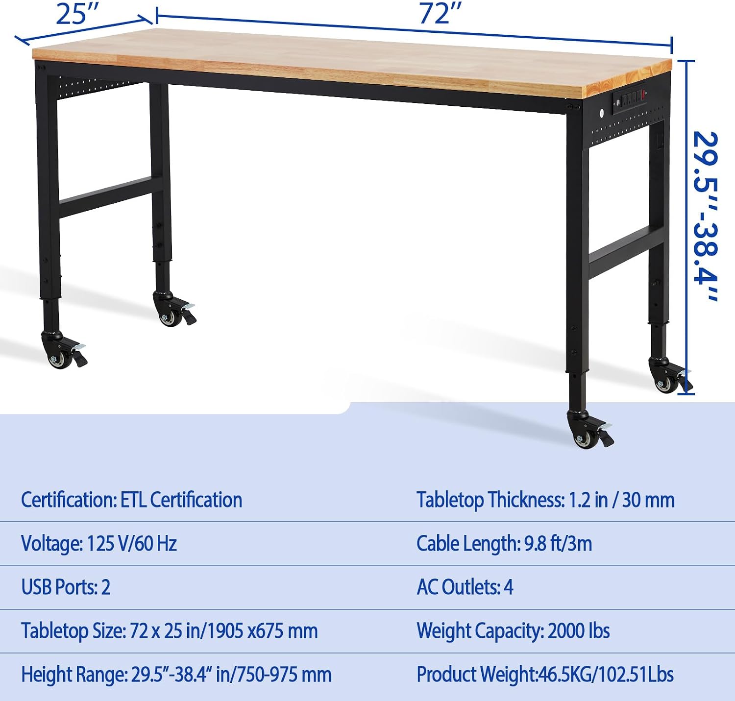 Workbench Adjustable 75' x 25', 2000 Lbs Load Capacity, 29.5"-38.4" Heights Garage Worktable with Universal Wheels & Power Outlet
