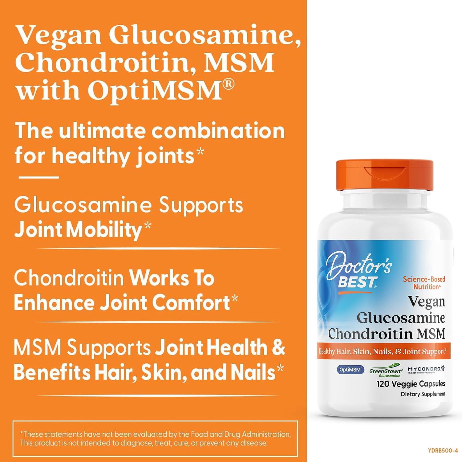 Doctor's Best Vegan Glucosamine Chondroitin MSM - Joint Health Support Supplement for Women & Men, Nutritional Support for Joint Strength, Hair, Skin