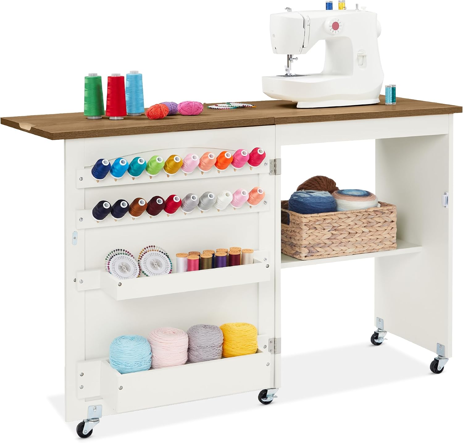 Best Choice Products Folding Sewing Table Multipurpose Craft Station & Side Desk with Compact Design, Wheels, Shelves, Storage Trays, Pegs