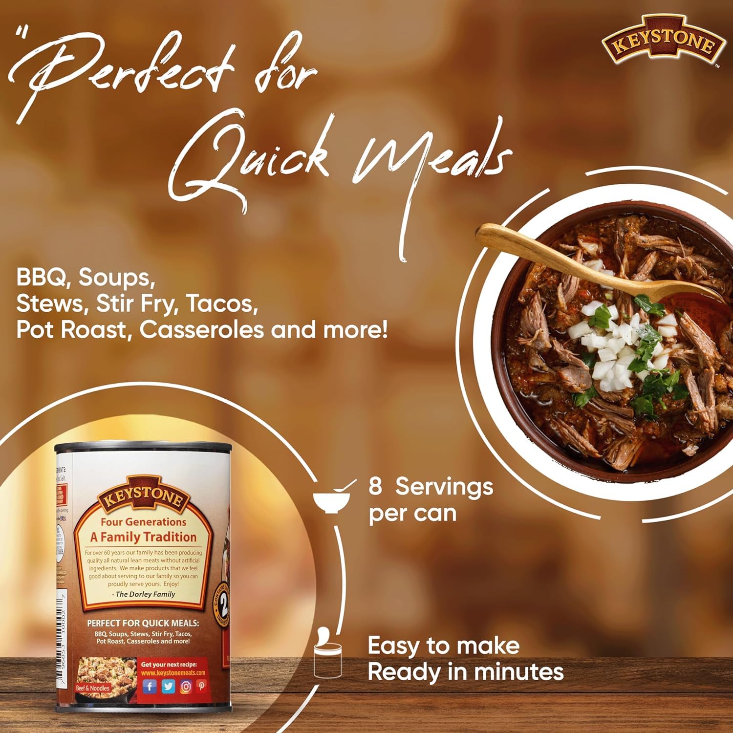 Keystone Meats All Natural Heat and Serve Ground Beef 14 Oz Fully Cooked Canned Meat Shelf Stable Emergency Survival Canned Food Ready to Eat No Preservatives Gluten Free Made in USA Pack of 2