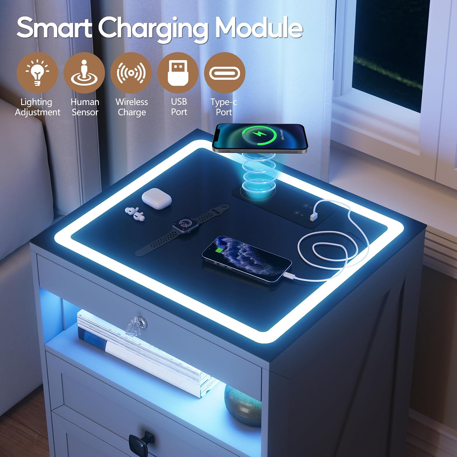 Smart LED Nightstand with Lockable Gun Drawer & Glass Top（Black） | Modern Bedside Table with Charging Station and Hidden Storage, LED Night Stand with 4 Drawers & Motion Sensor for Bedroom