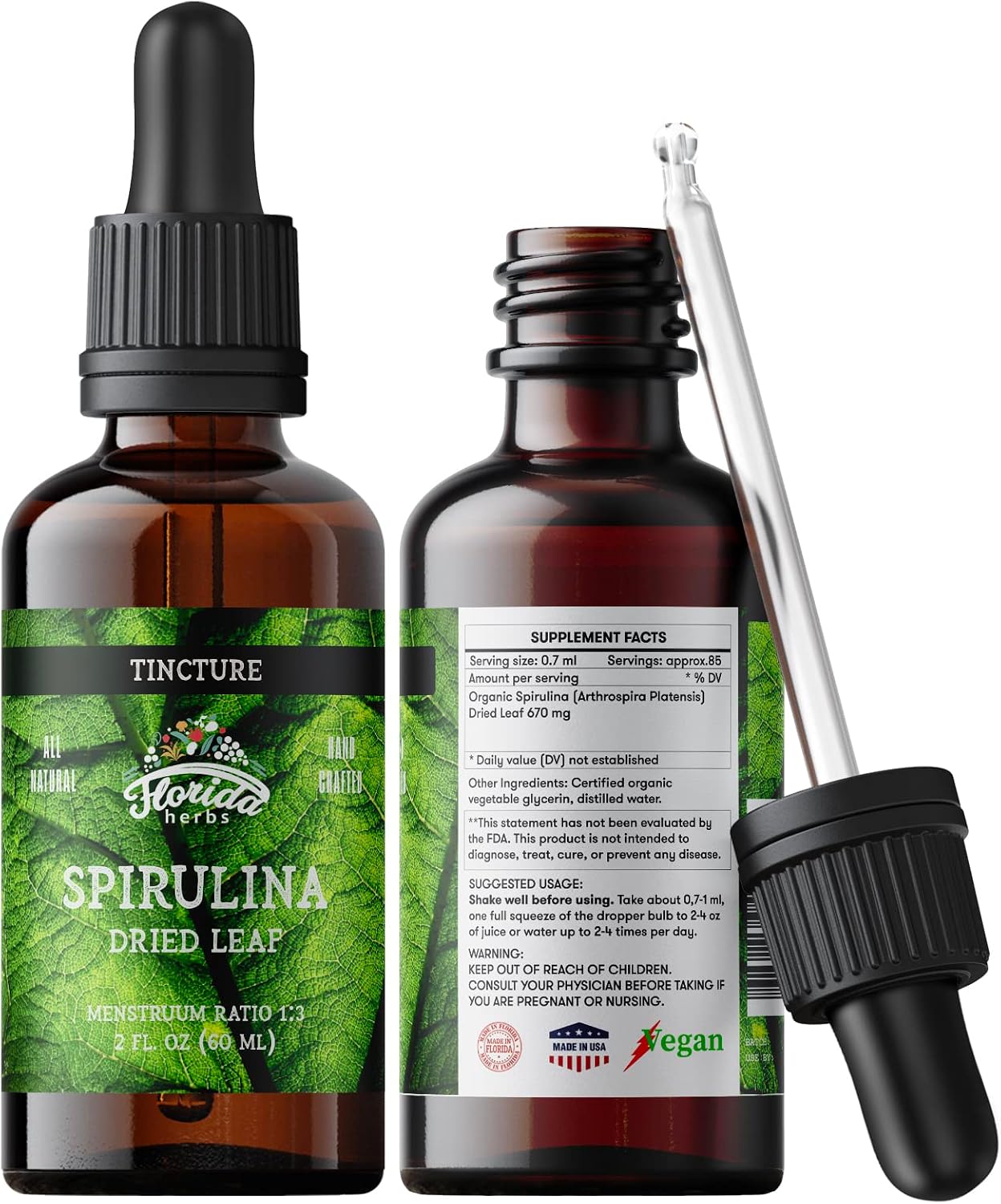 Spirulina Tincture, Organic Spirulina Extract (Arthrospira Platensis) Herbal Supplement, Non-GMO in Cold-Pressed Organic Vegetable Glycerin, 700 mg