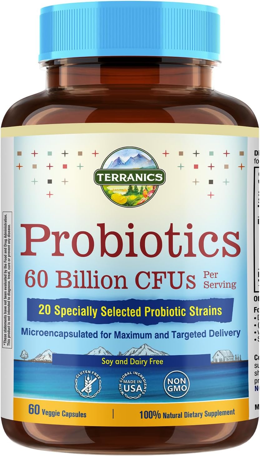 Terranics Probiotics 60 Billion CFU, 20 Strains, 60 Veg Capsules, Prebiotics & Probiotics, Shelf Stable Probiotic Supplement for Men & Women, Non-GMO