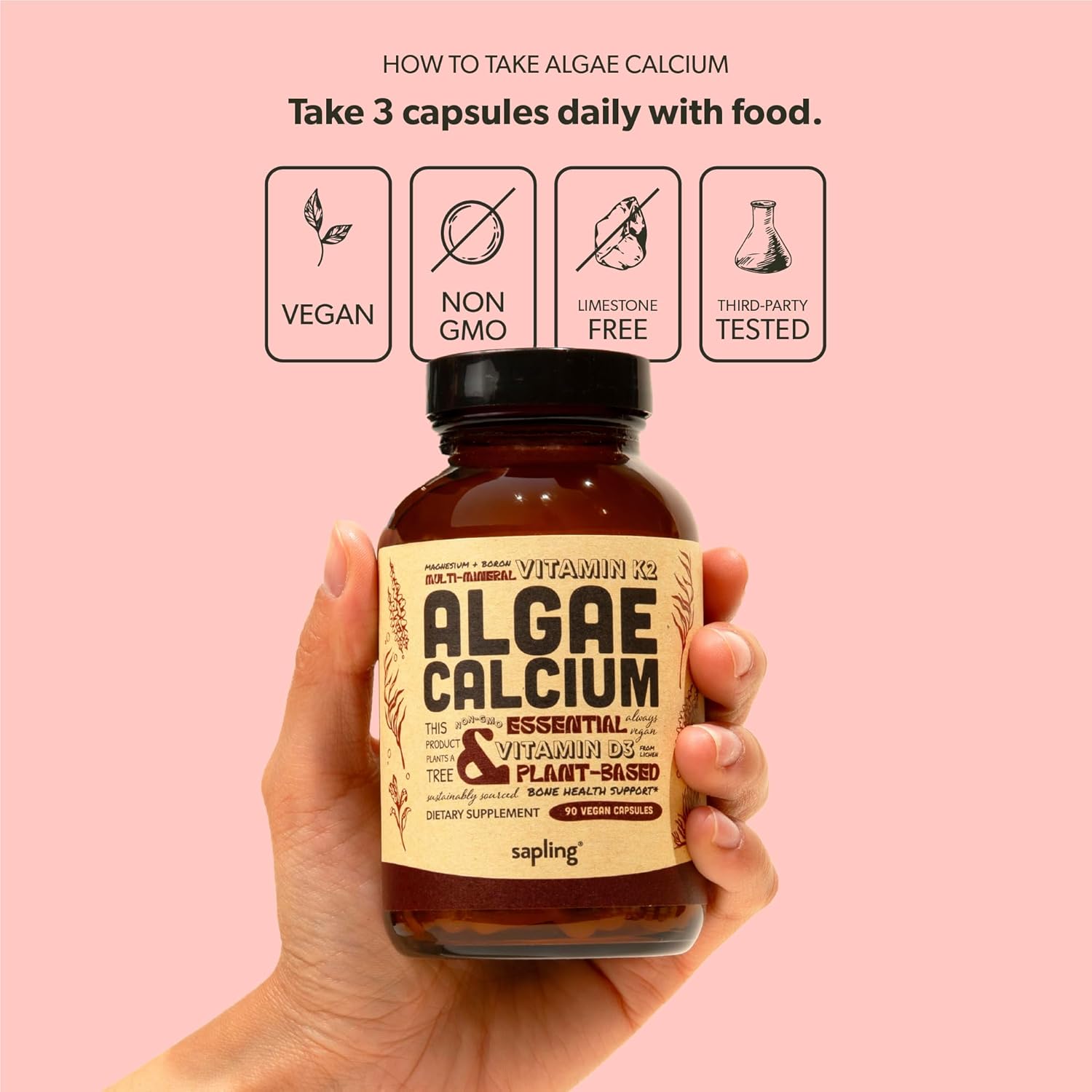 sapling Calcium Supplement - Whole Food with Vitamin K2 & D3, Magnesium, Zinc, Boron