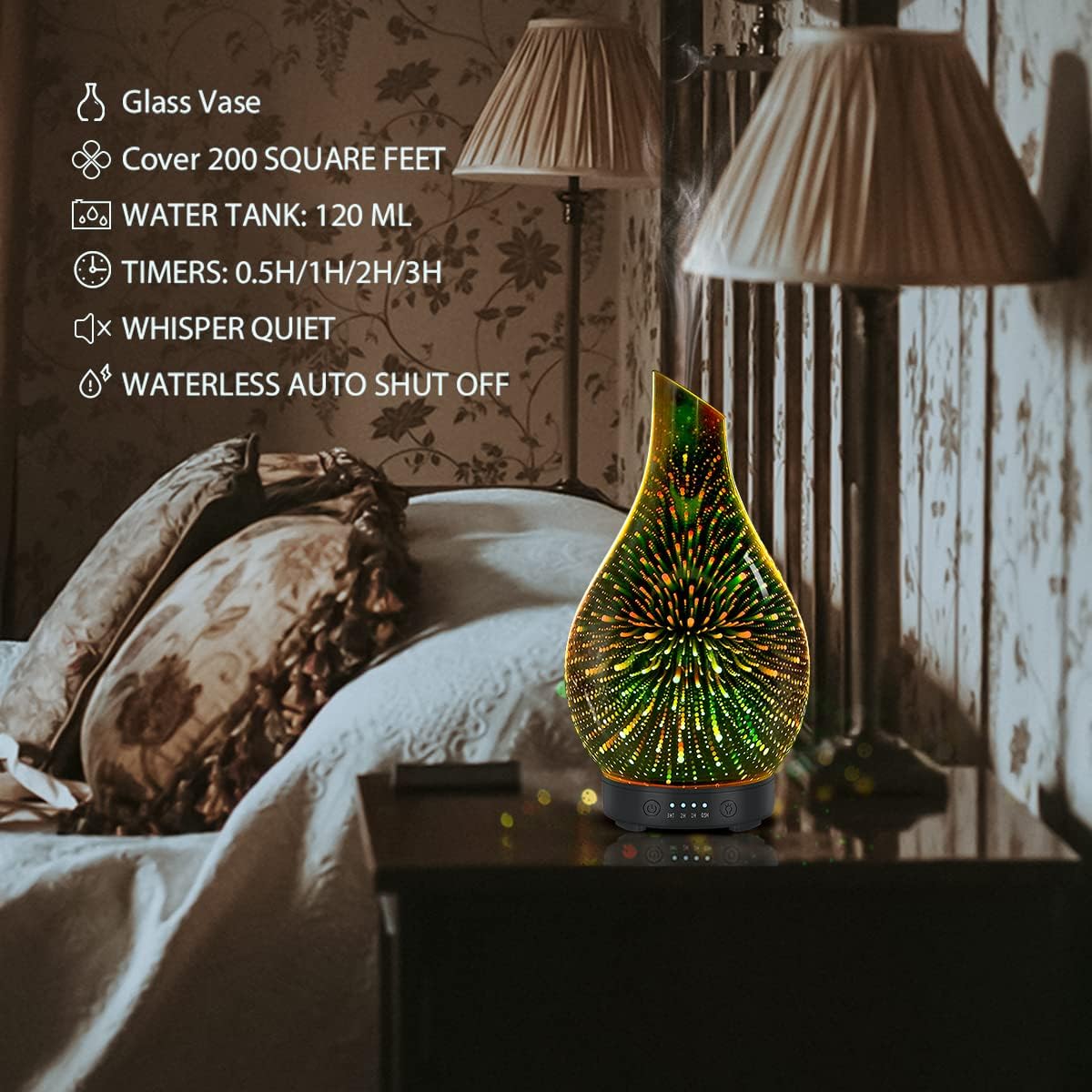 Aromatherapy Essential Oil Diffuser for Home- Art Glass Diffuser for Essential Oils with Waterless Auto Shut-Off 4 Timer 7 Colors LED Night Light
