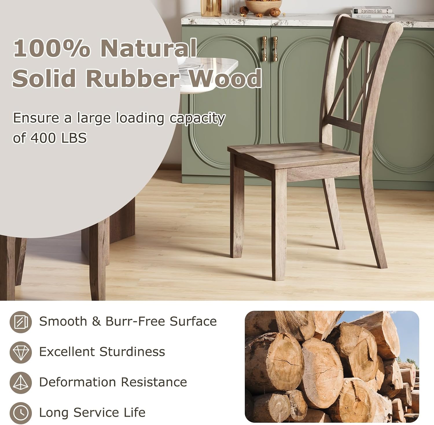 Giantex Set of 2 Dining Chairs, Rubber Wood Dining Room Chair, Farmhouse Dining Side Chairs, Max Load 400 Lbs, Wooden Kitchen Chairs for Home Kitchen