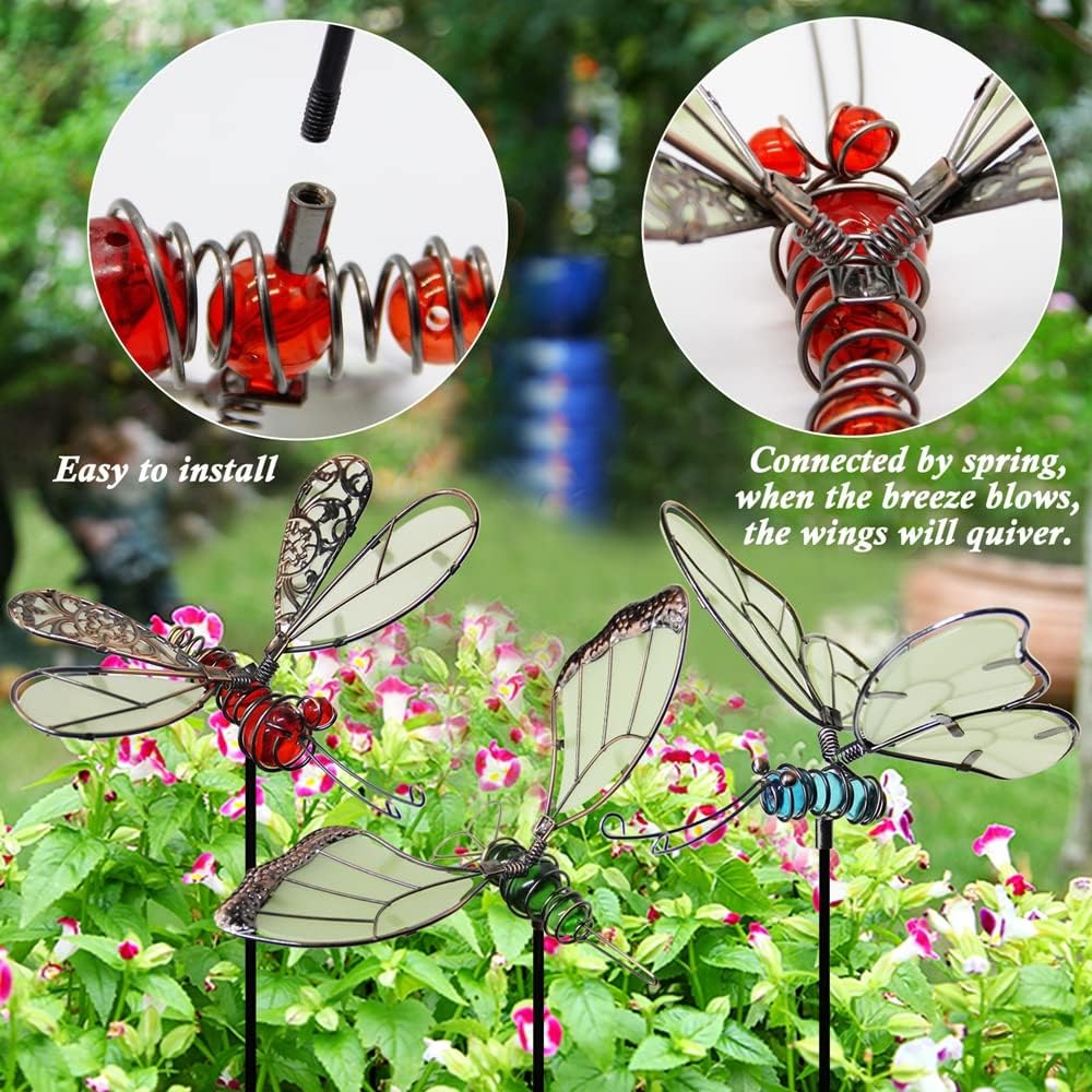 Juegoal 20 Inch Butterfly Garden Stakes Decor, Dragonfly Stakes, Hummingbird Glow in Dark Metal Yard Art for Mom, Mothers Day Ideal Gifts