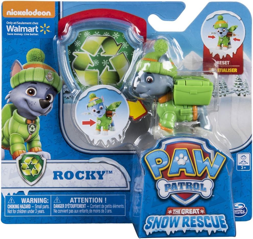 Paw Patrol Snow Rescue – Rocky with Transforming Pup Pack and Badge
