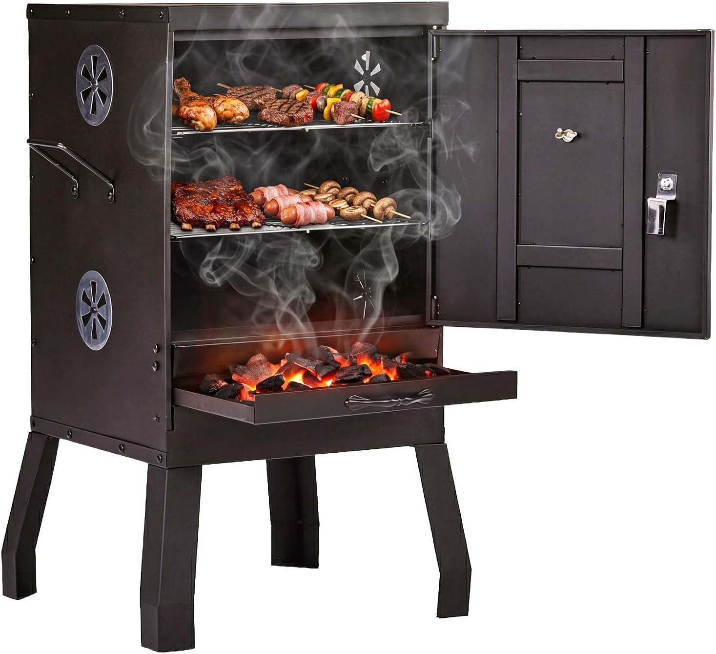 ROVSUN 2-in-1 Outdoor Smoker, Vertical Portable Charcoal Grill Smoker with Two Detachable Grill Smoking Racks and Charcoal Pan