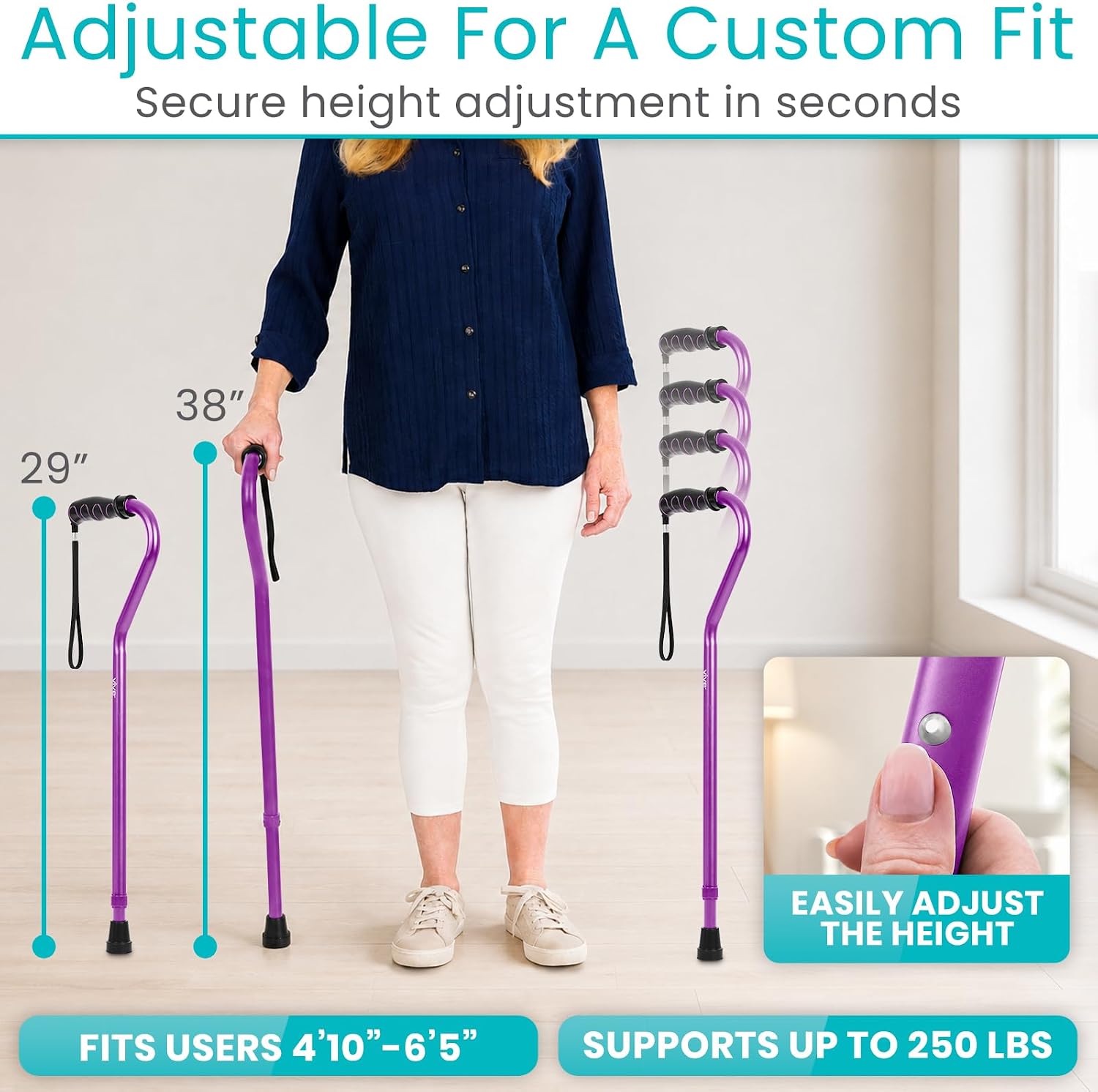 Vive Walking Cane for Women, Men, Elderly - Patented Offset Grip - Lightweight Adjustable Walking Aid with a Non-Slip Tip - Sturdy Balancing Mobility Aid for Seniors