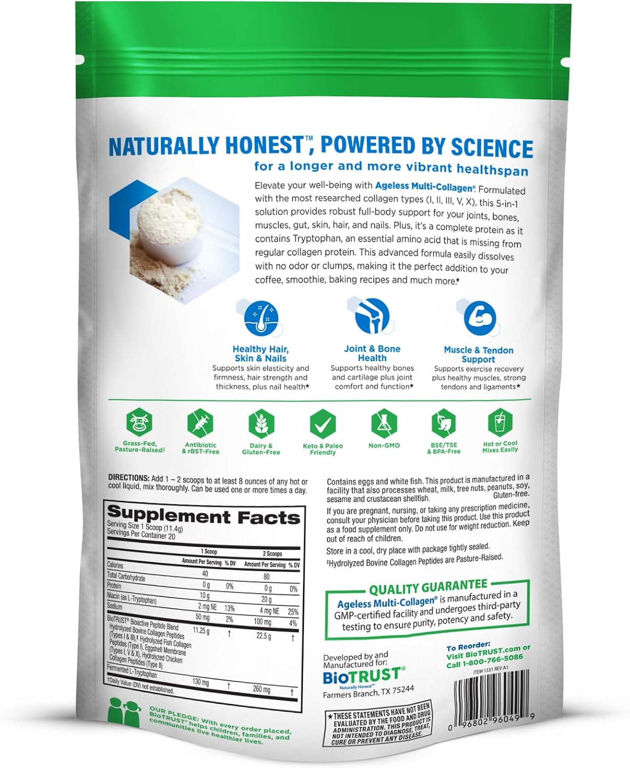 BioTrust Multi Collagen Peptides Unflavored Powder - Hydrolyzed, Grass Fed | 5 collagen types (I, II, III, V & X) from grass fed beef, fish, chicken & eggshell membrane with protein support
