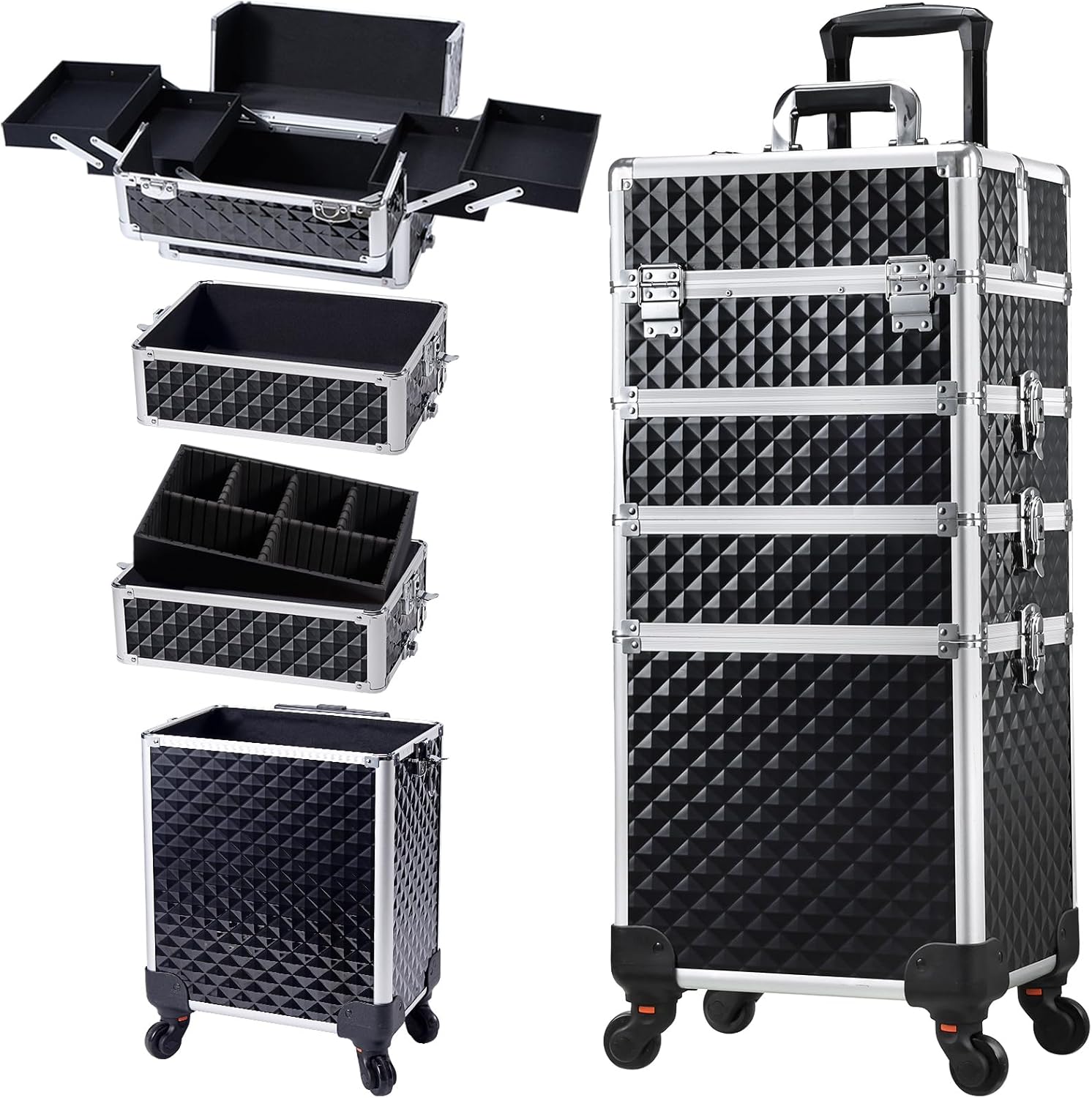 Stagiant Rolling Makeup Case Cosmetology Case on Wheels 4 in 1 Large Cosmetic Organizer Train Case Makeup Travel Case with Key Swivel Wheels Nail