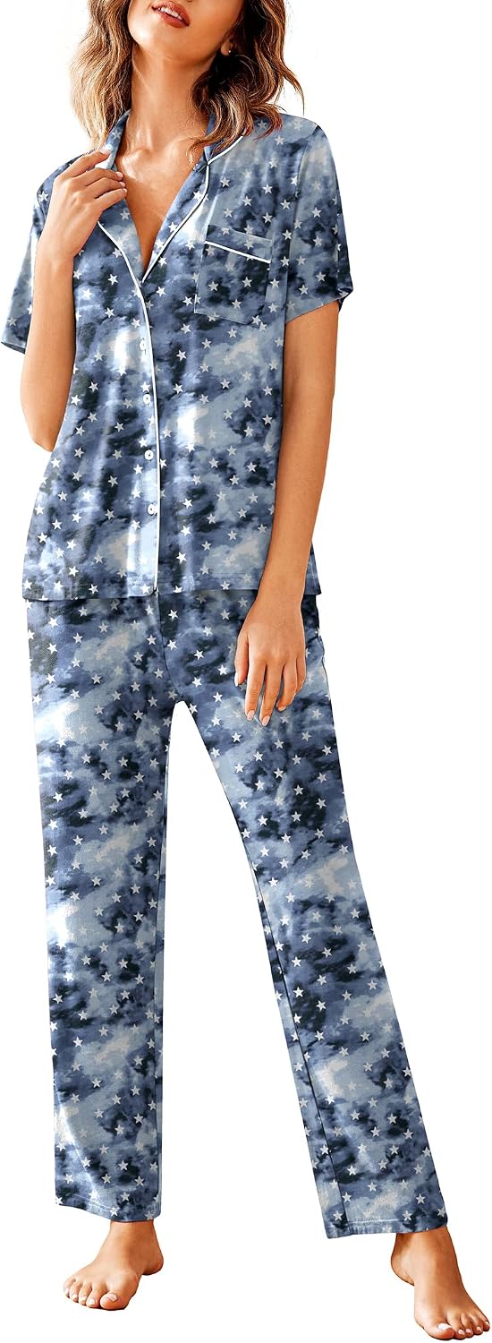 Avidlove Women Pajamas Set Notch Collar Soft Sleepwear Pjs Short Sleeve Button Down Nightwear with Long Pants