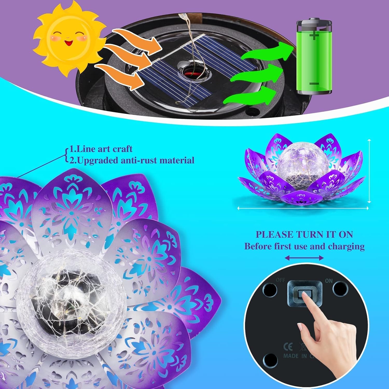 Huaxu Solar Lights Outdoor Garden, Crackle Globe Glass Lotus Decor, Waterproof LED Metal Flower Decorations for Patio,Lawn,Walkway,Tabletop,Ground