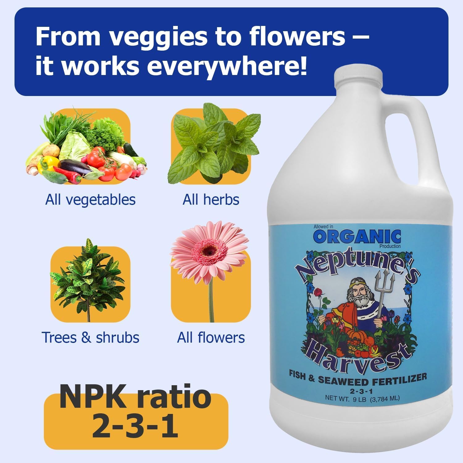 Neptune's Harvest Fish & Seaweed Liquid Fertilizer (2-3-1) - 1 Gallon Bottle - Plant Food for Garden - Indoor & Outdoor Organic Plant Fertilizer for