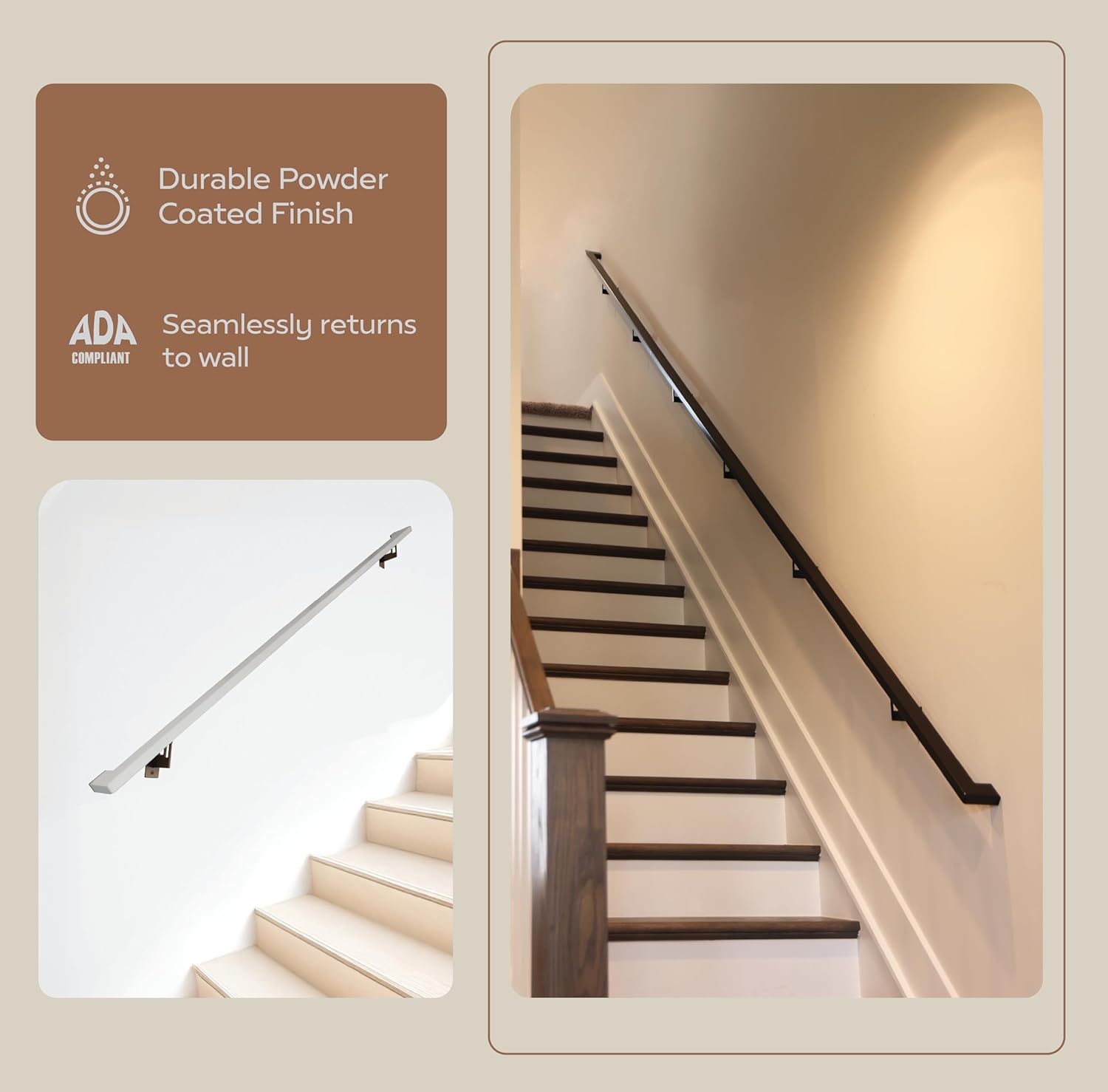 Modern Aluminum Handrail Grab Bar Kit, Adjustable Steel Brackets Included, Returns to Wall, Powder Coated Finish (Black, 4 Foot Handrail Set)