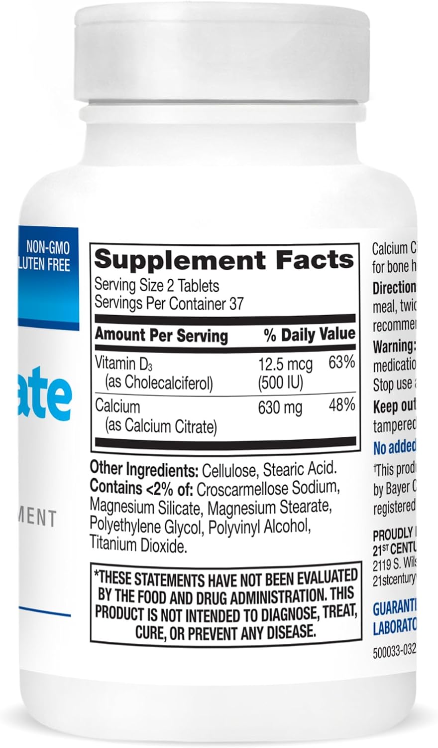 21st Century Calcium Citrate Plus D3 Maximum - 630 mg Calcium, Bone Health Support, Easily Absorbable, Gluten Free, Non-GMO, Compare to Citracal +D3, 400 Tablets