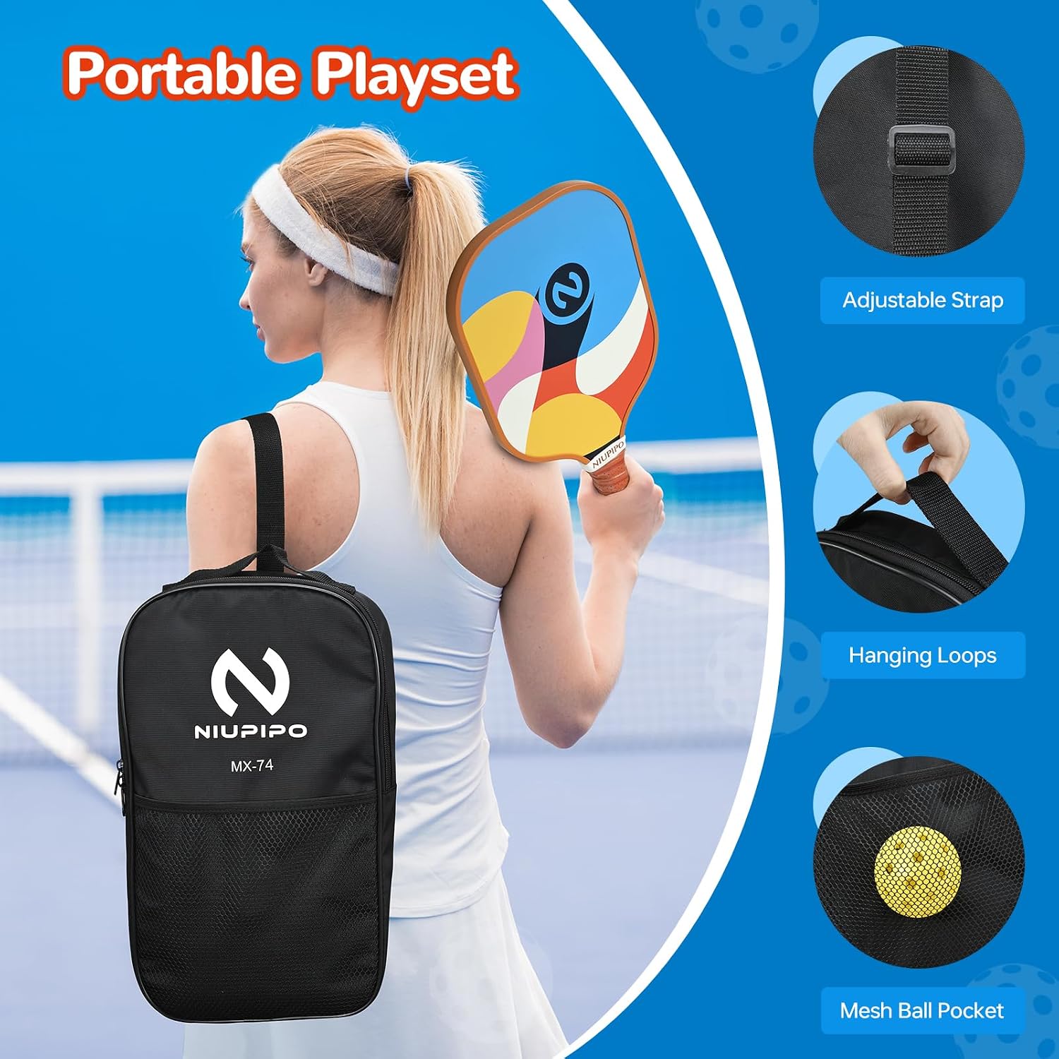 niupipo Pickleball Paddles Set of 2 or 4, USAPA Approved Fiberglass Pickleball Paddle Set with Balls and Bag, Polypropylene Honeycomb Core