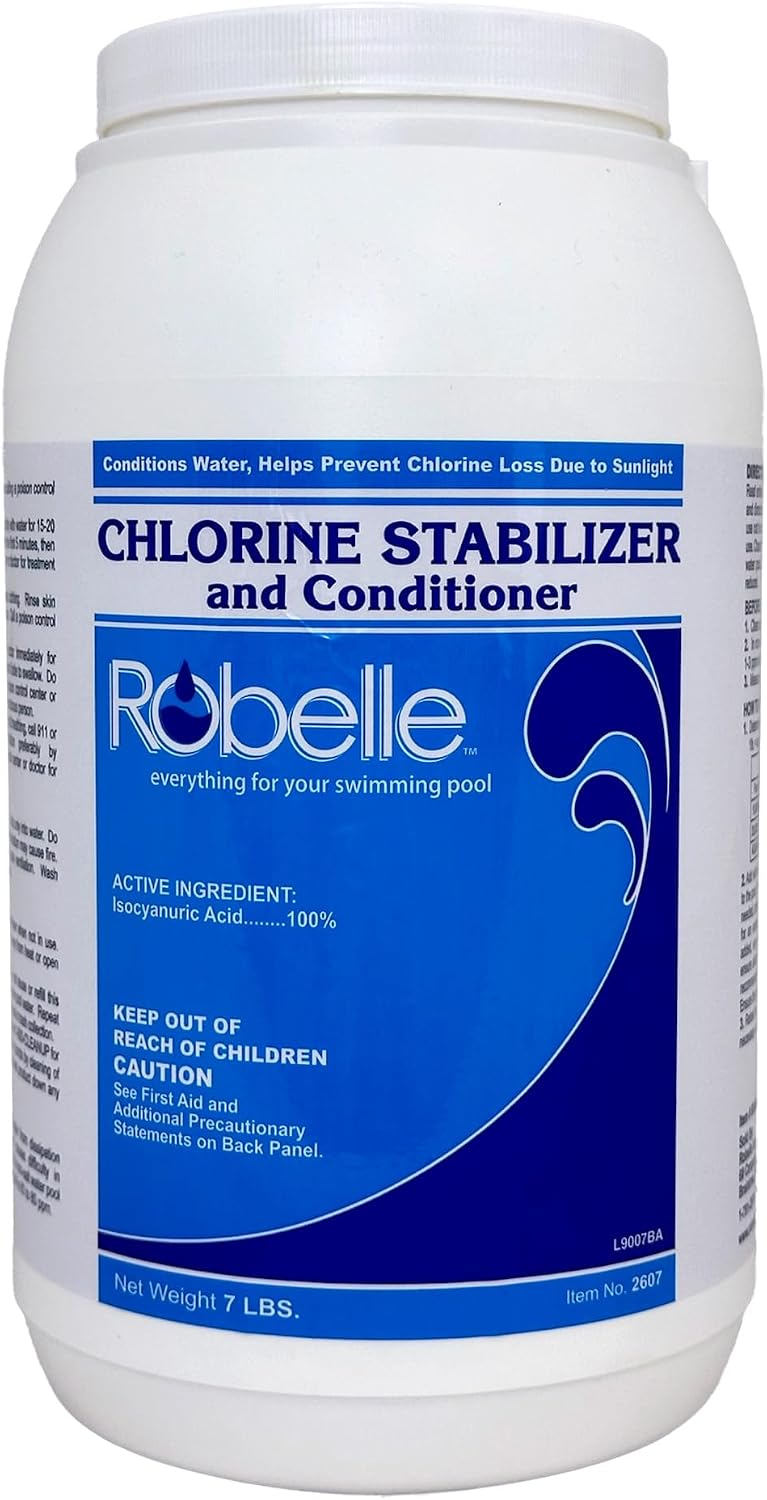 Robelle 7-Pounds Premium Chlorine Stabilizer and Conditioner, Made in USA | Concentrated Cyanuric Acid for Pools, Pool Stabilizer, Helps Chlorine Last Longer, 6 oz raises CYA 10 ppm per 5,000 gallons