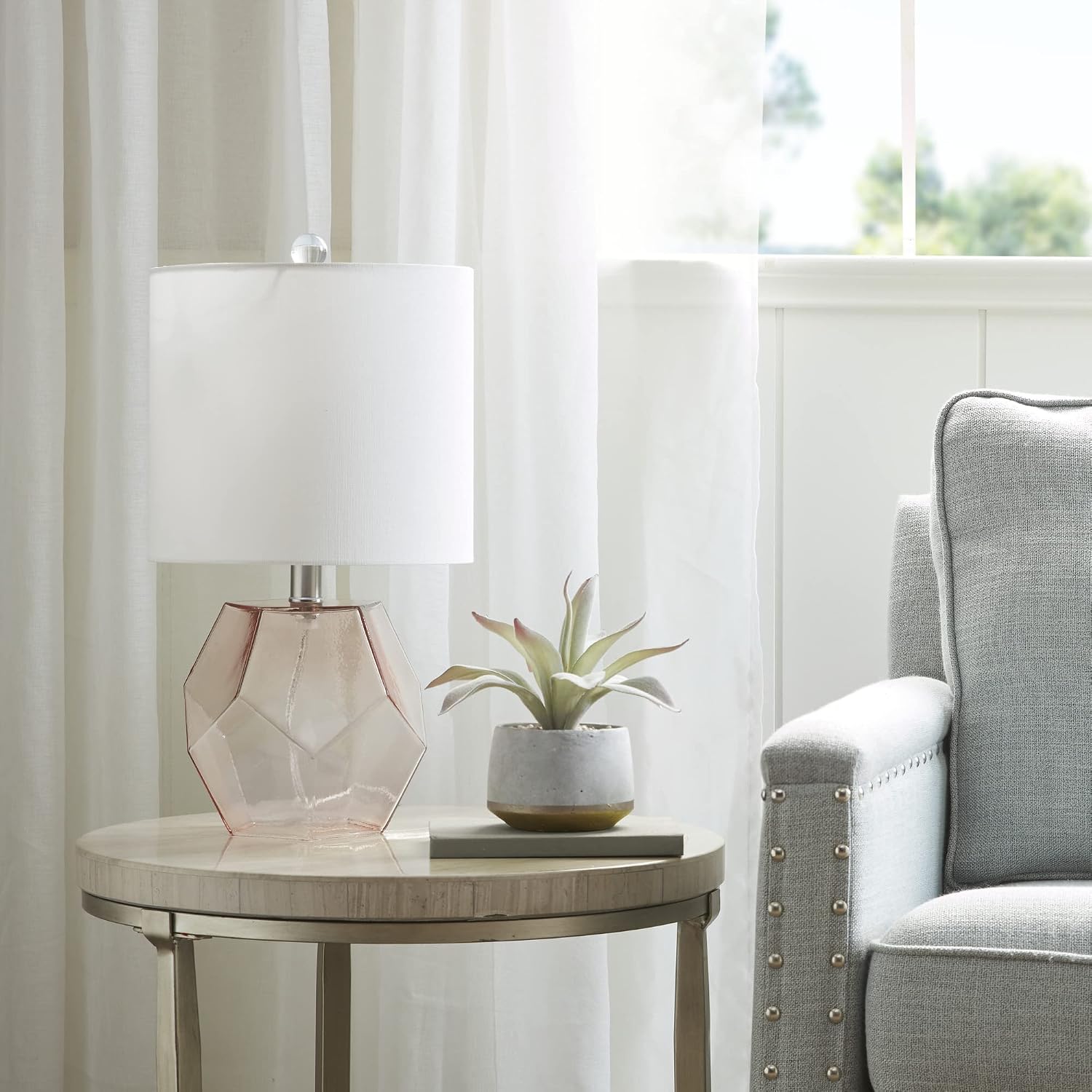 510 Design Bella Glass Table Lamps for Bedroom, Nightstand Light With Cotton Blend Fabric Shade, Rotary Switch, 60" Corded, 60W Bulb, Transitional