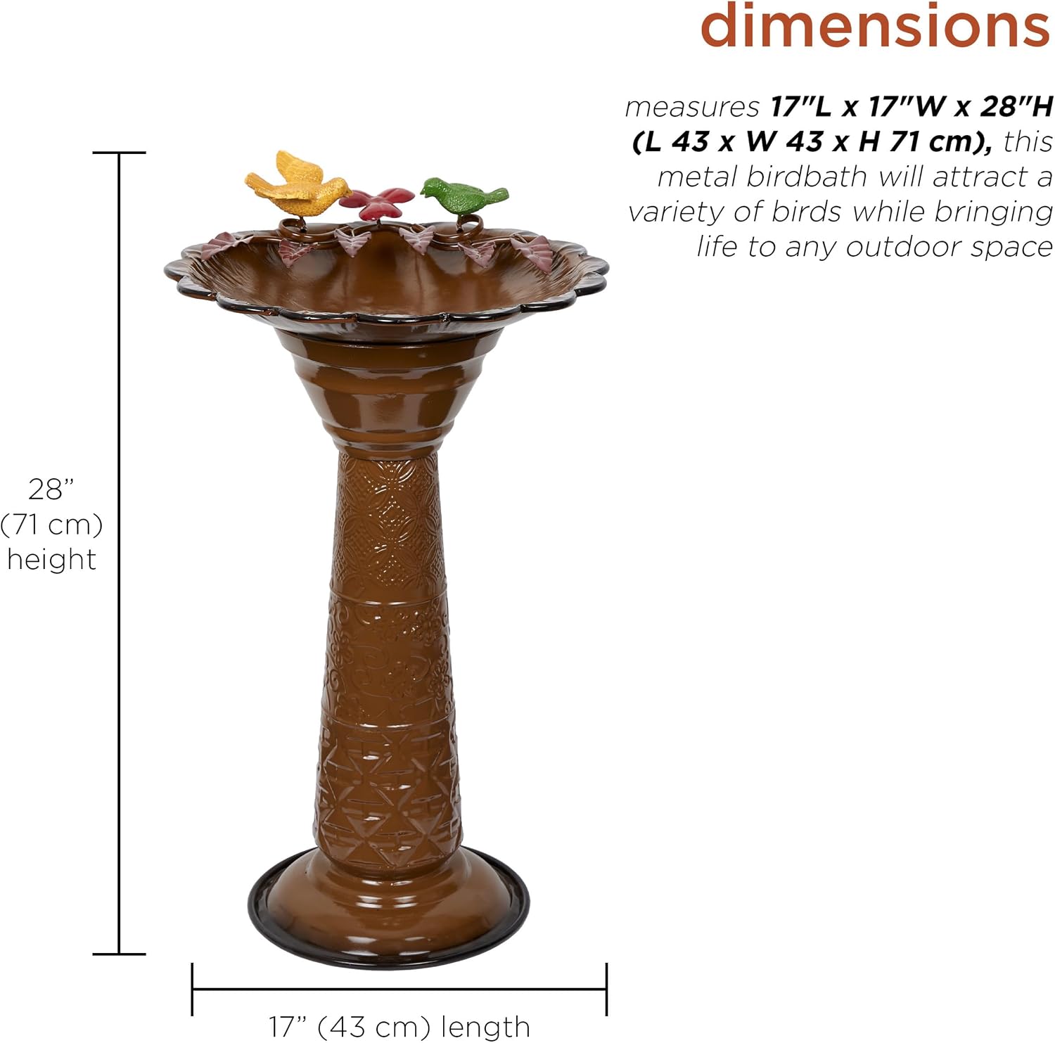 Alpine Corporation - 28" Tall Outdoor Metal Birdbath with Birds and Leaves Yard Statue Decoration, Red – Stunning Garden Accent to Attract Birds - Durable Construction for Patio, Deck, or Yard