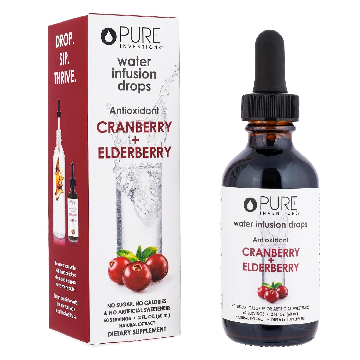Pure Inventions Water Enhancer Drops - Refreshing and Delicious - Antioxidants, Electrolytes - No Sugar, Calories, or Artificial Sweeteners - Cranberry and Elderberry (60 Servings)