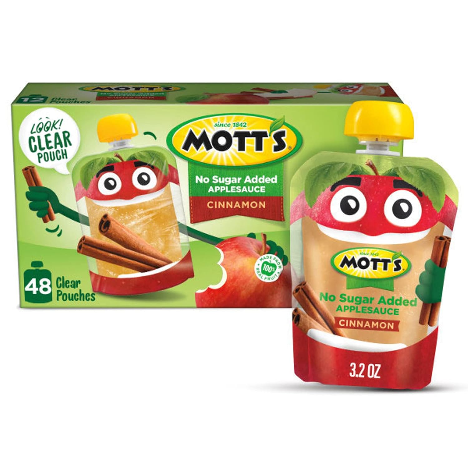 Mott's No Sugar Added Strawberry Applesauce, 3.2 Oz Clear Pouches, 48 Count (4 Packs Of 12), Good Source Of Vitamin C, No Artificial Flavors