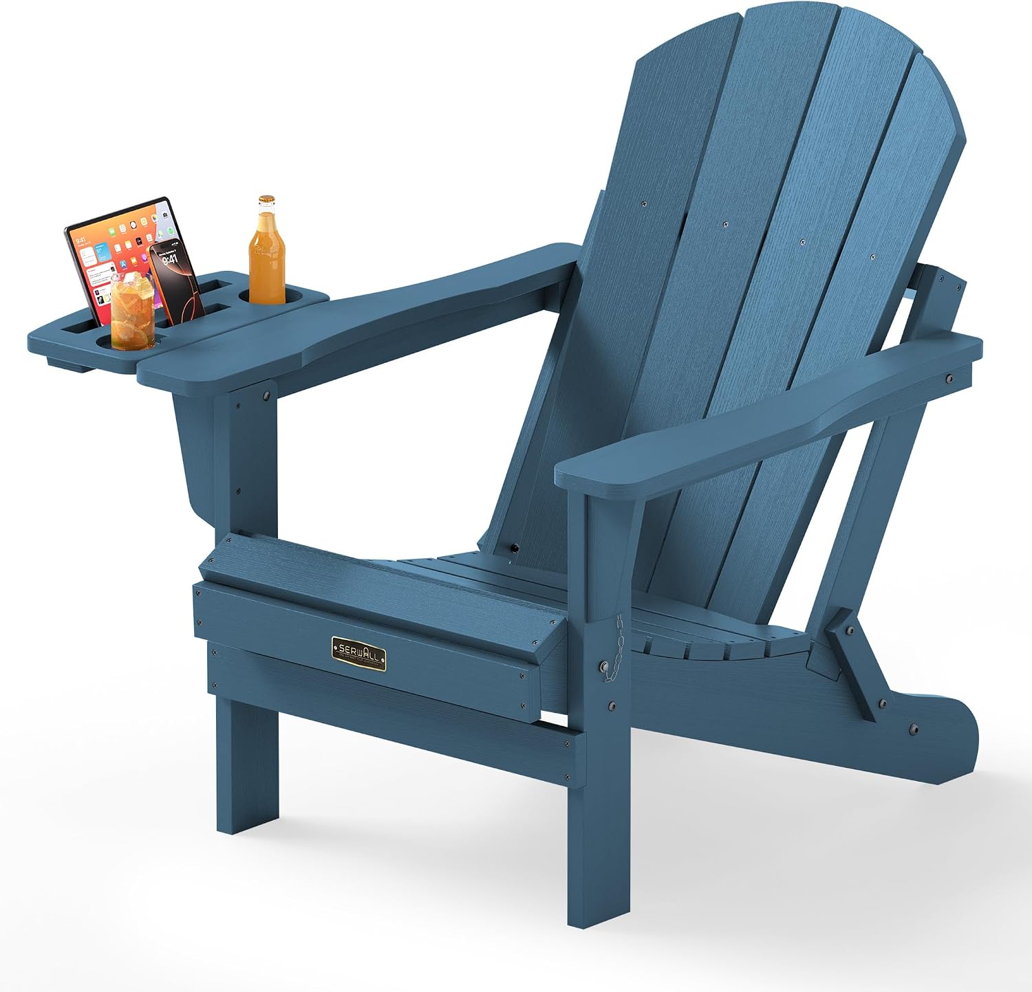 SERWALL Folding Adirondack Chairs with Cup Holder, Outdoor Fire Pit - Blue