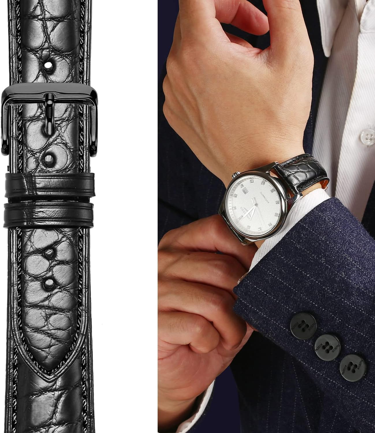 Moran Genuine Leather Watch Band 18mm 19mm 20mm 21mm 22mm 23mm 24mm Calf Grain Watch Strap for Men and Women 18mm Black-Silver Buckle