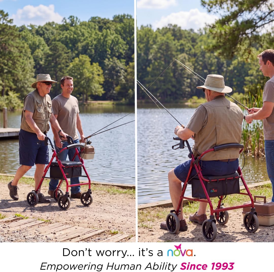 NOVA Zoom 22 Rollator Walker for Seniors, Rolling Walker with Locking Hand Brakes, Padded Seat & 8" Wheels, Lock N Load for Easy Transport & Storage, Adjustable Height 5'5"–6'1", Red