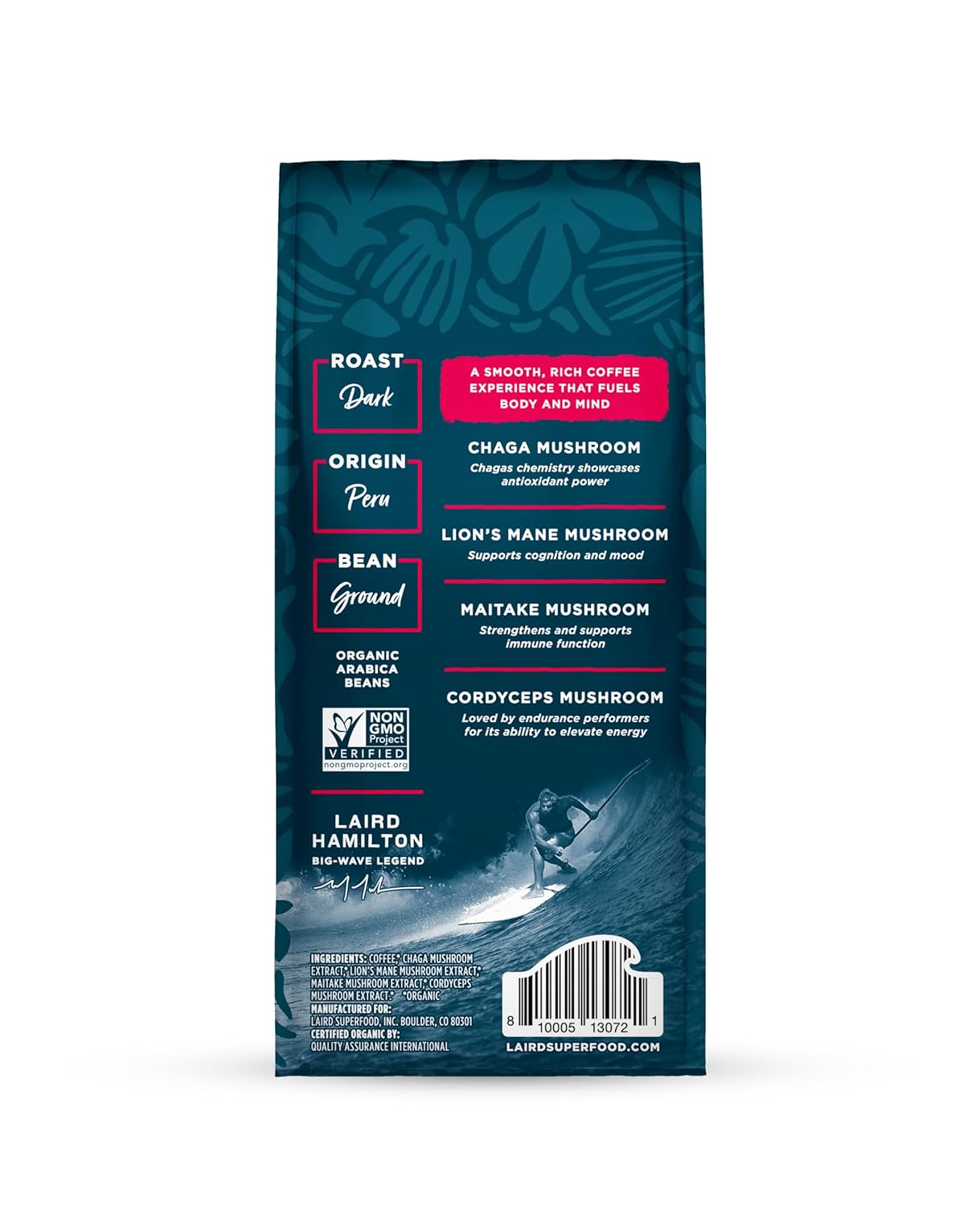Laird Superfood Peruvian Dark Roast Coffee with Functional Mushrooms, Certified Organic Peruvian Ground Coffee Beans, Gluten-Free, Dairy-Free, Non-GMO