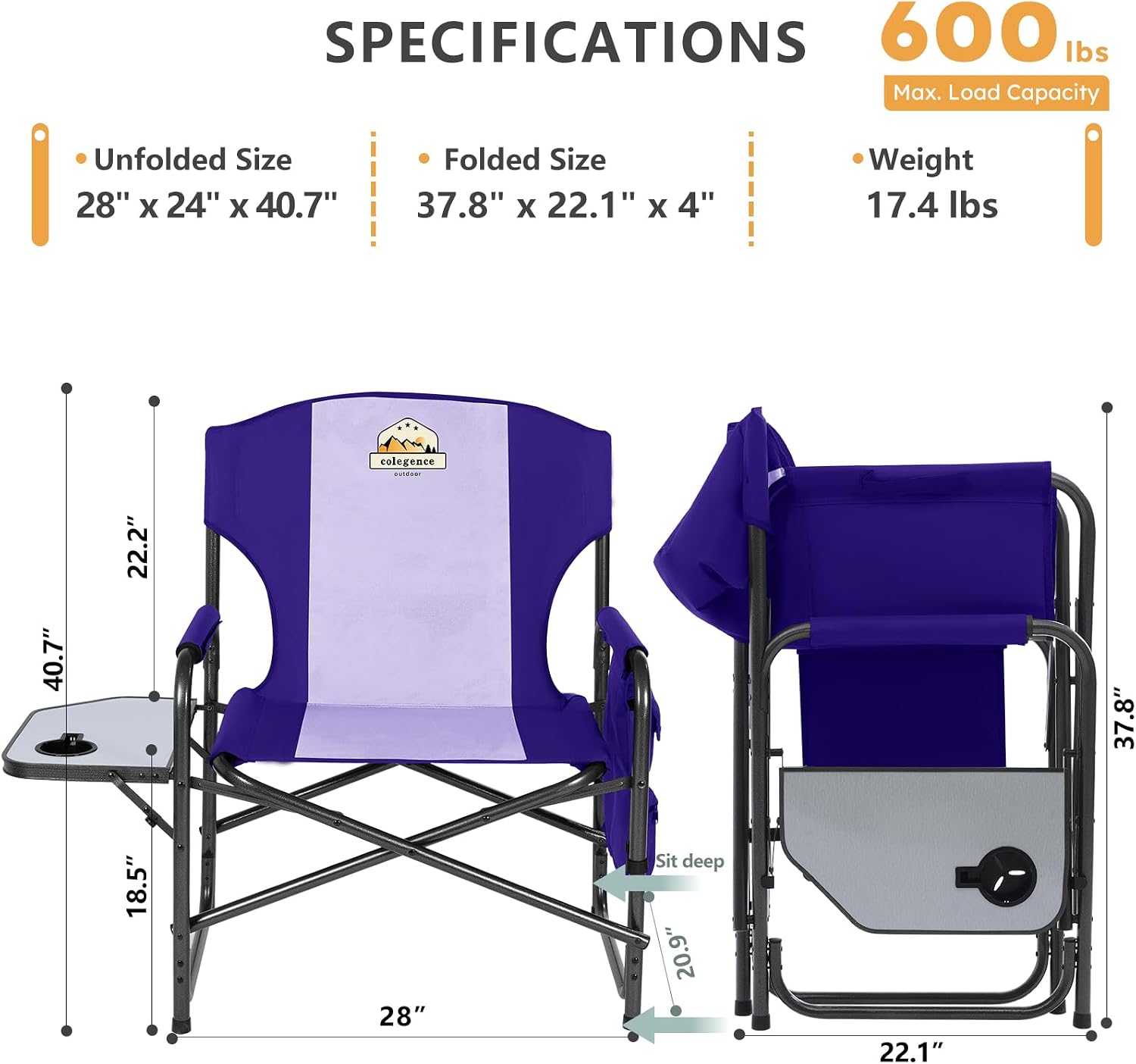 Colegence Oversized Directors Camping Chair for Adults, 600 lb, Black | Heavy duty folding outdoor chair with 28" wide seat, supportive back, side table, cup holder and detachable storage pocket