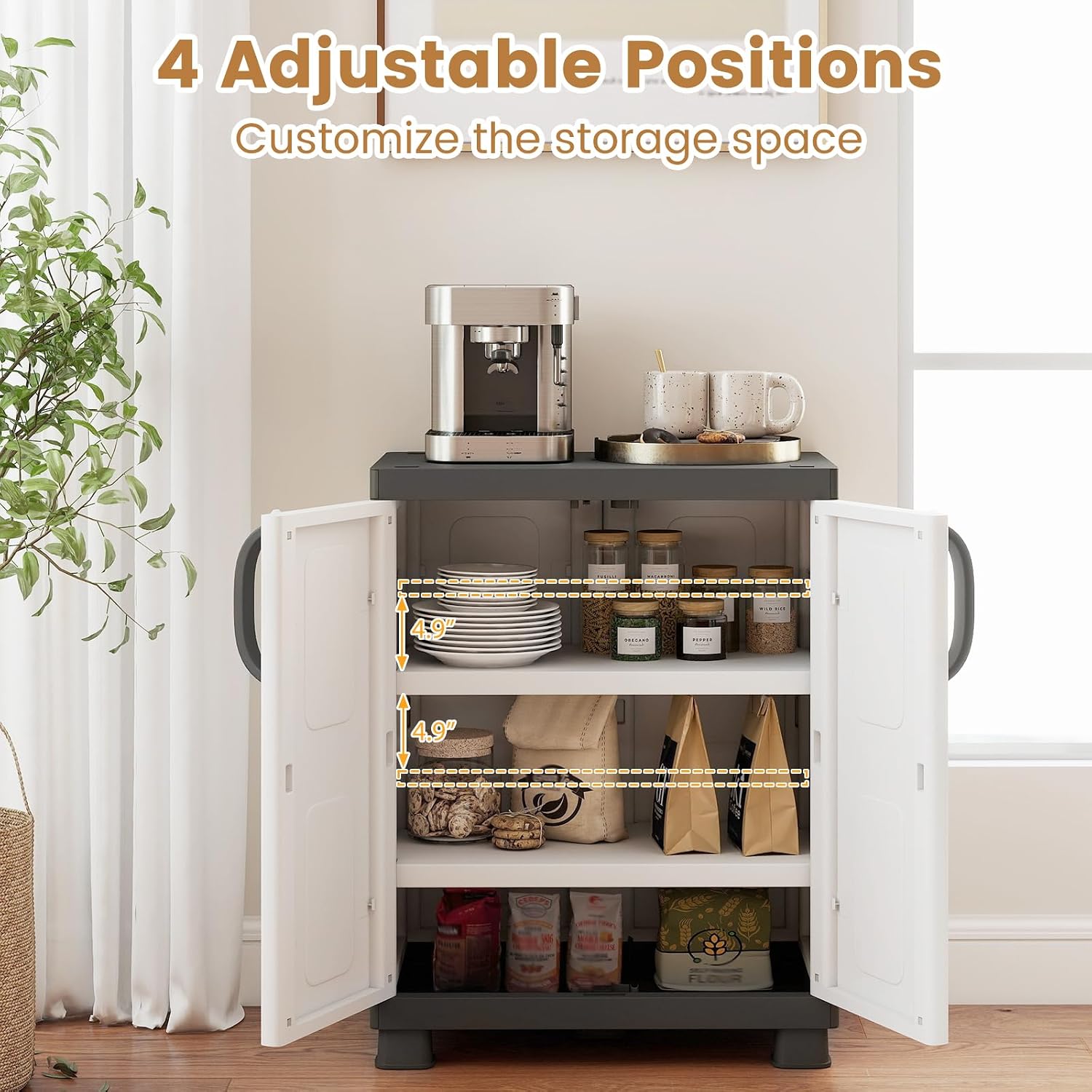 GIANTEX Storage Cabinet with 2 Doors and Adjustable Shelves, Modern Plastic Base Garage Organizer, Floor Sideboard for Kitchen, Dining Room, Bathroom (Wide-29"x19"x37",White+Brown)