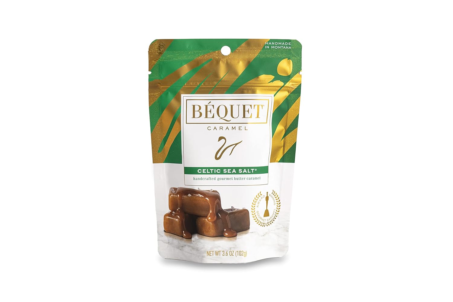 Béquet Celtic Sea Salt Caramels - Individually Wrapped Candy - 8oz Gift Bag | Ready-to-gift bag. Small-batch caramel made in Montana with real cream and butter, Kosher Star-D, gluten free, non-GMO
