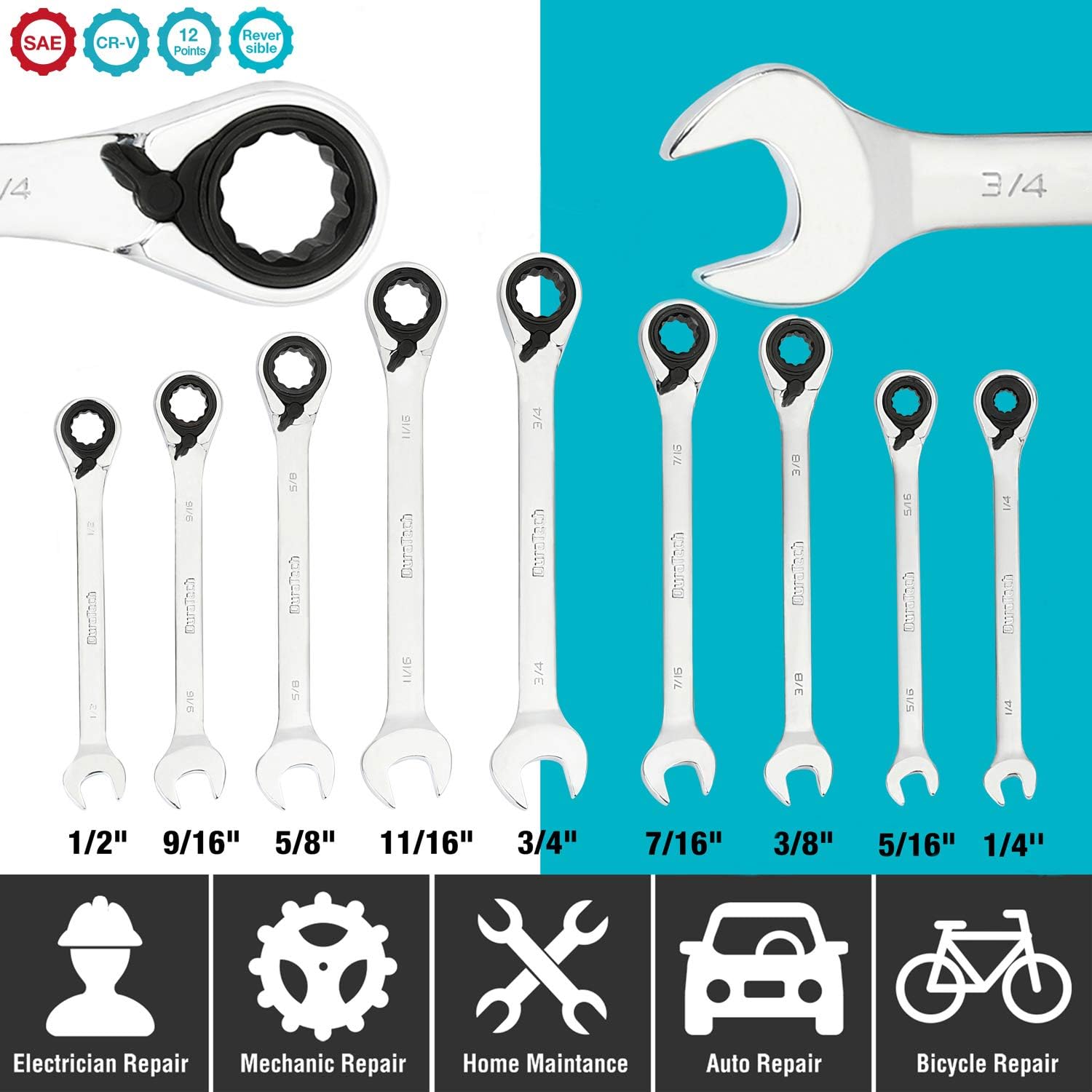 DURATECH Reversible Ratcheting Combination Wrench Set, SAE, 9-Piece