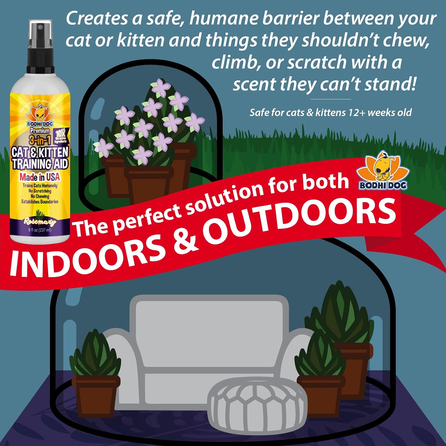Bodhi 3-in-1 Cat & Kitten Training Aid - Cat Deterrent Spray for Indoor and Outdoor Use - Repellent to Establish Boundaries, Keep Cats Off Furniture