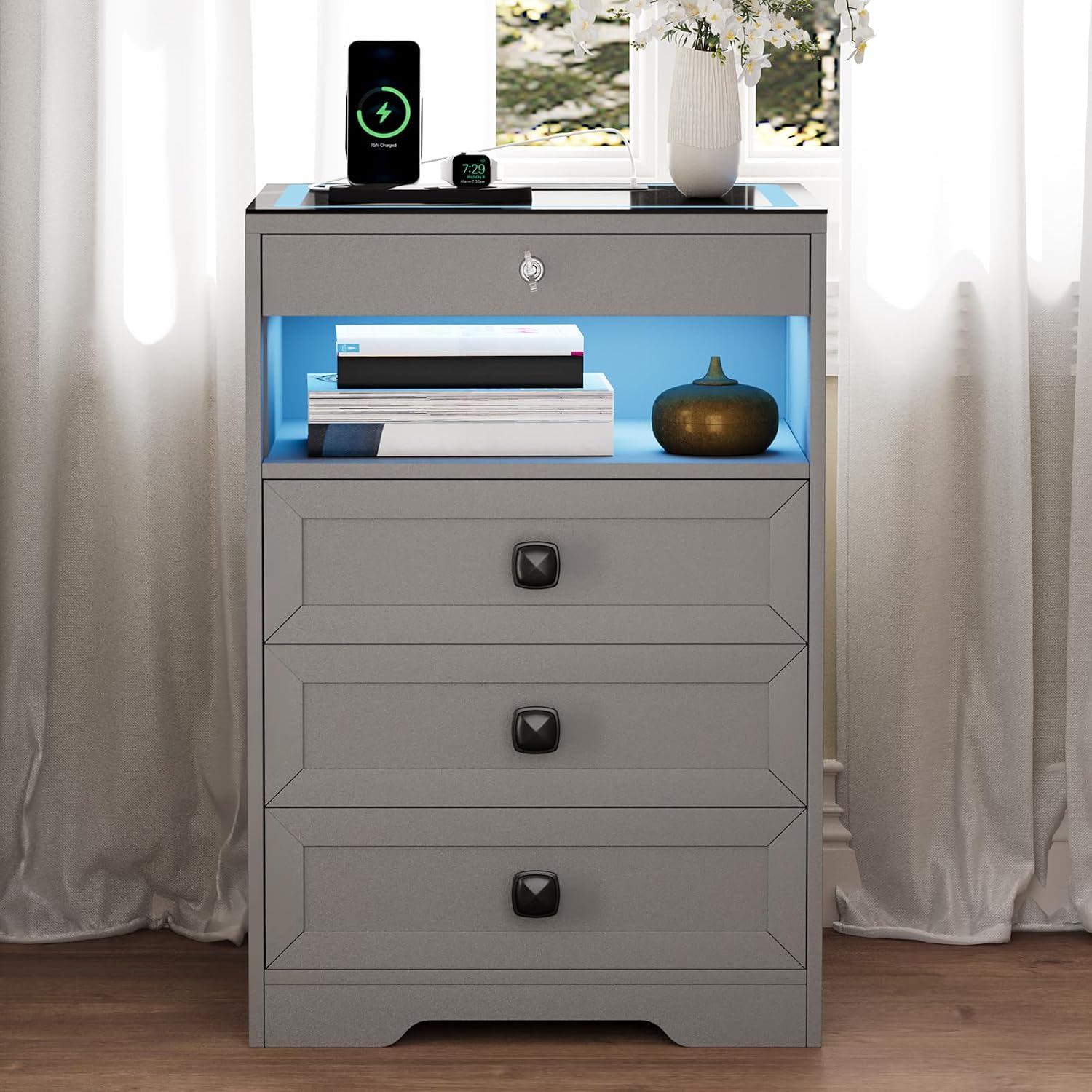 Smart LED Nightstand with Lockable Gun Drawer & Glass Top（Black） | Modern Bedside Table with Charging Station and Hidden Storage, LED Night Stand with 4 Drawers & Motion Sensor for Bedroom