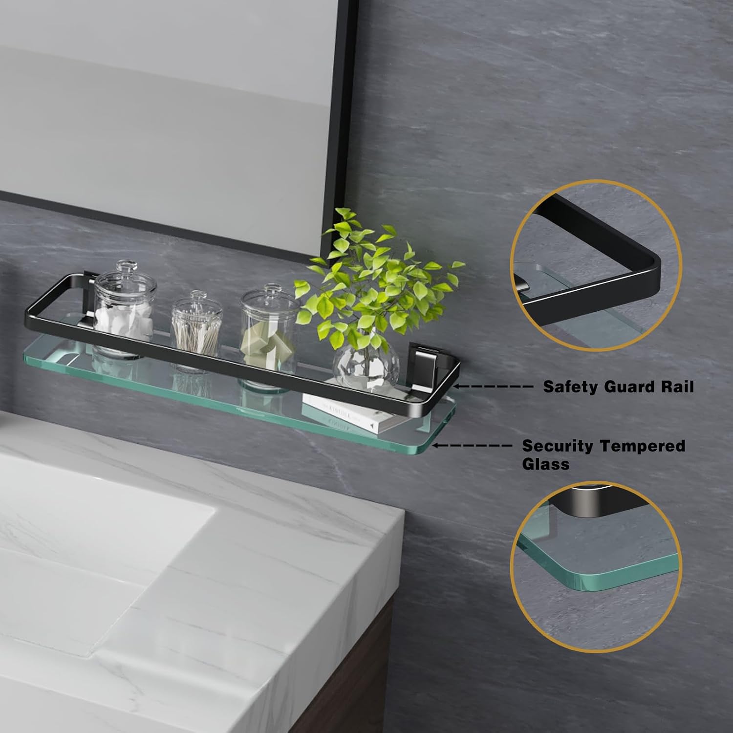VOLPONE Bathroom Wall Shelf 15.7in Bathroom Glass Shelves Wall Mount Glass Shelf Rustproof Bathroom Wall Organizer 3 Tier (Sliver)