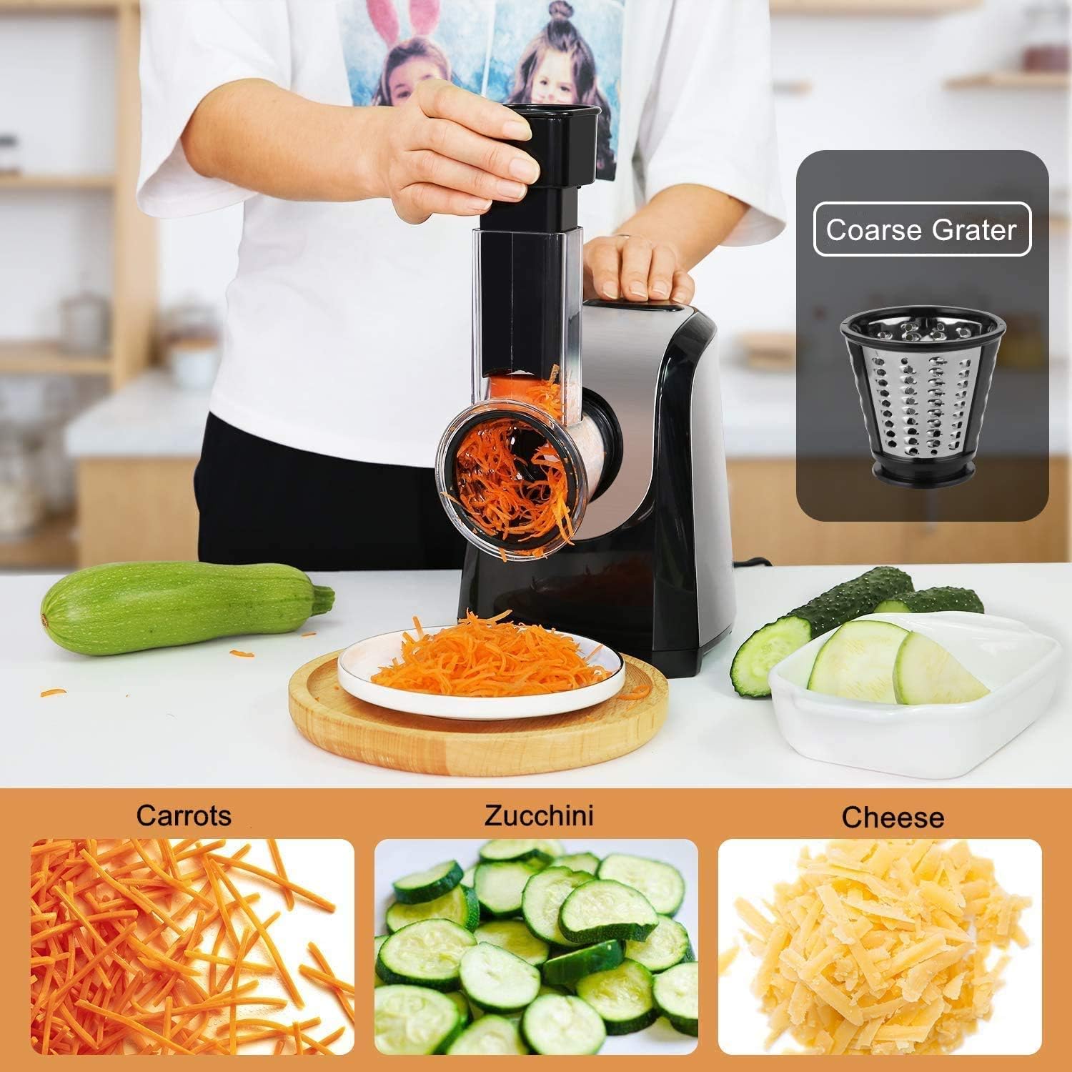Electric Cheese Grater and Slicer Shredder for Kitchen, 150W 5 Cones | Salad Maker Grates slices shreds cheese vegetables fruits nuts