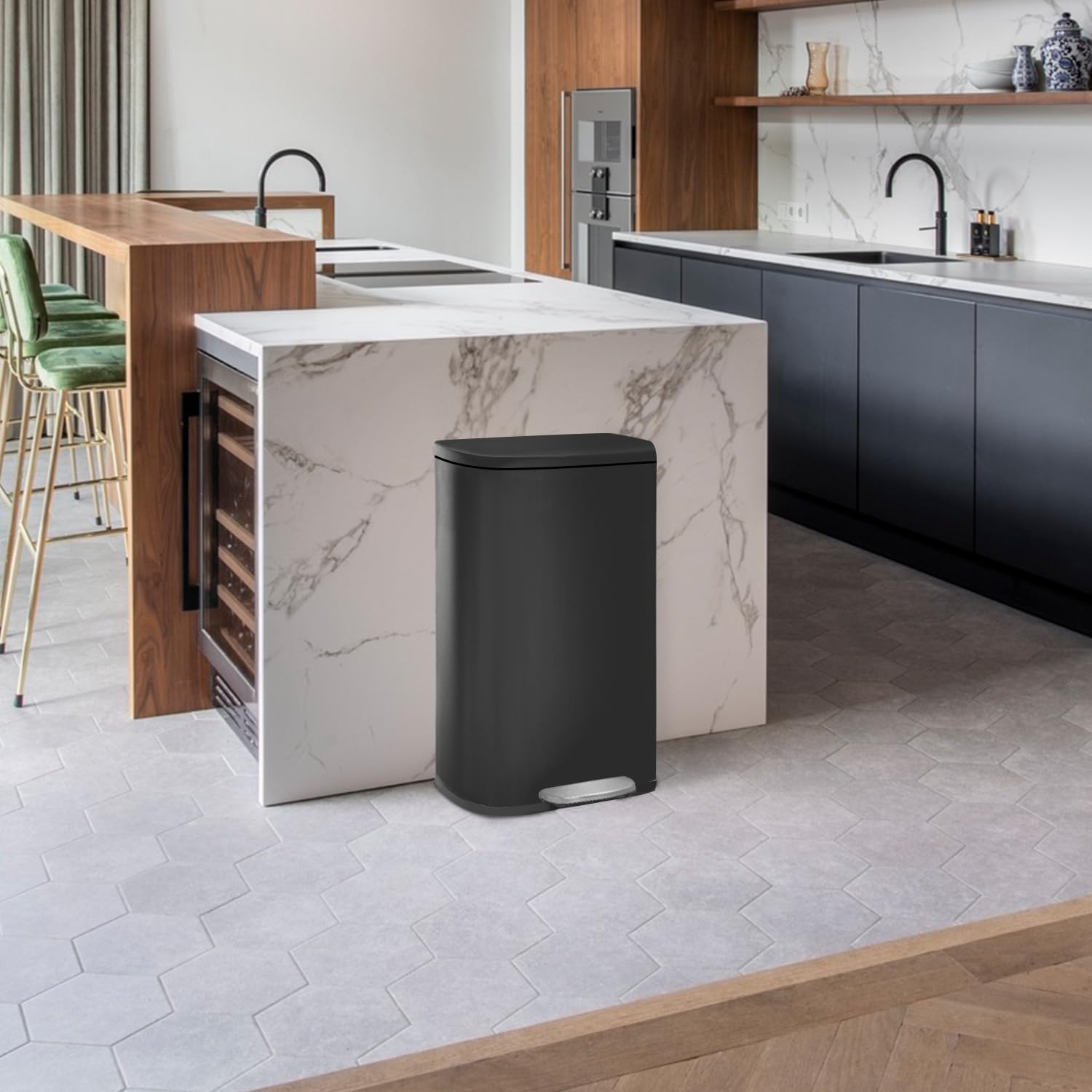 FDW | 13 Gallon Trash Can with Lid | Steel | Fingerprint-Proof | Made of Brushed Stainless Steel | Soft-Close Step Pedal | Hands-Free Use | Easy to Clean | for Kitchen, Office, Bathroom