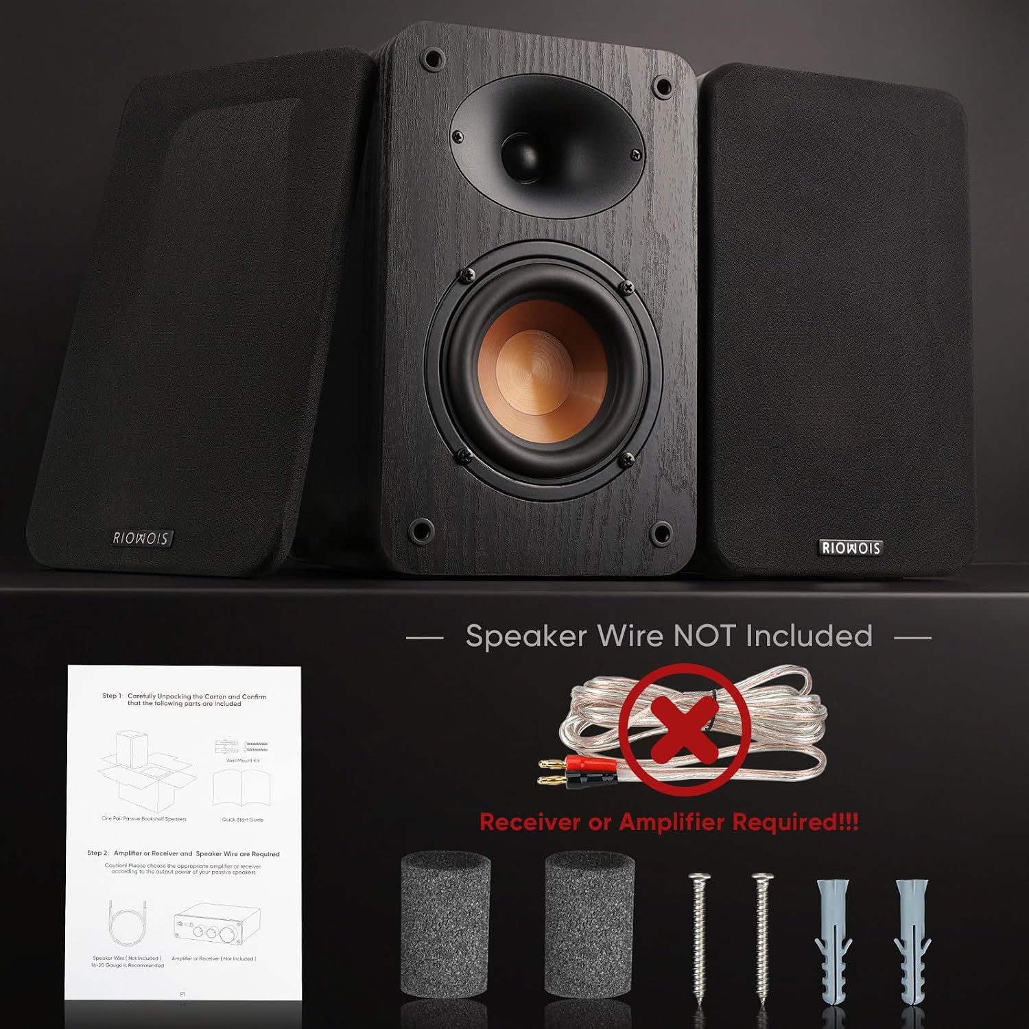 RIOWOIS Passive Bookshelf Speakers, Home Stereo Speakers for Record Player | Silk-Dome Horn Tweeter, 4 inch Woofer, Gold-plated Terminals
