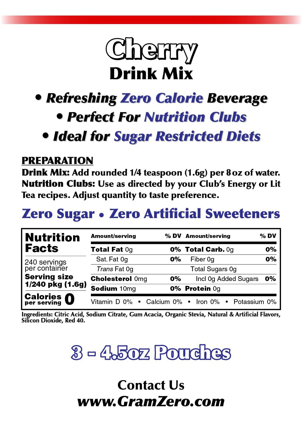 GramZero Raspberry Blush, Sugar Free Drink Mix, Pitcher Pack, Great For Nutrition Club Loaded Tea, Zero Calorie, Stevia Sweetened