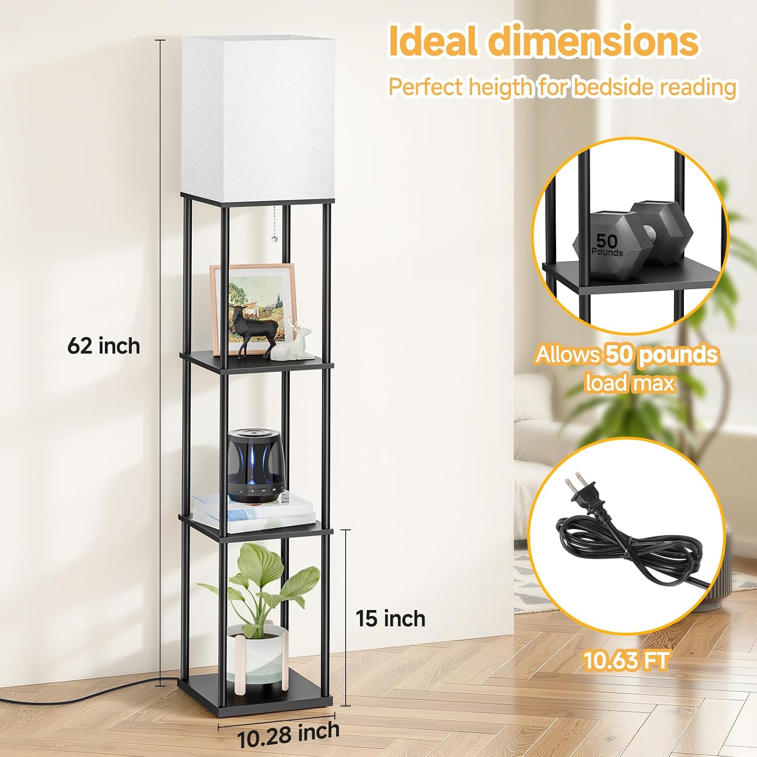 SHINE HAI Floor Lamp with Shelves, 3-Tier Square Modern Shelf Lamp