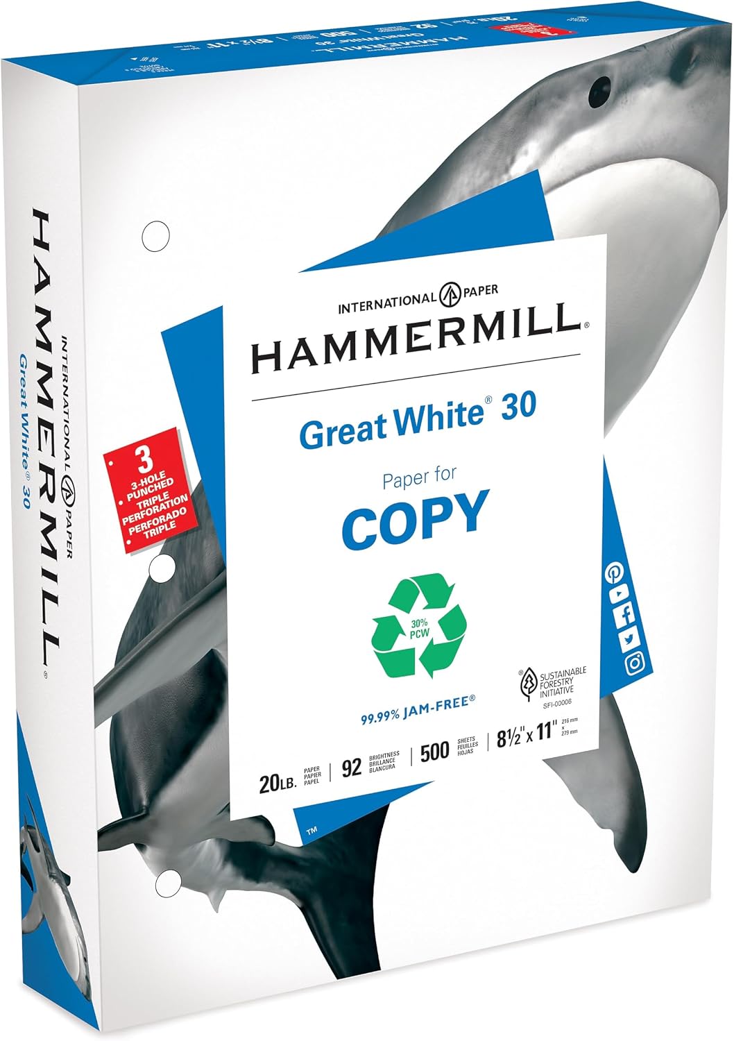 Hammermill Printer Paper, Great White 30% Recycled Paper, 8.5 x 11-1 Ream (500 Sheets) - 92 Bright, Made in the USA, 086710
