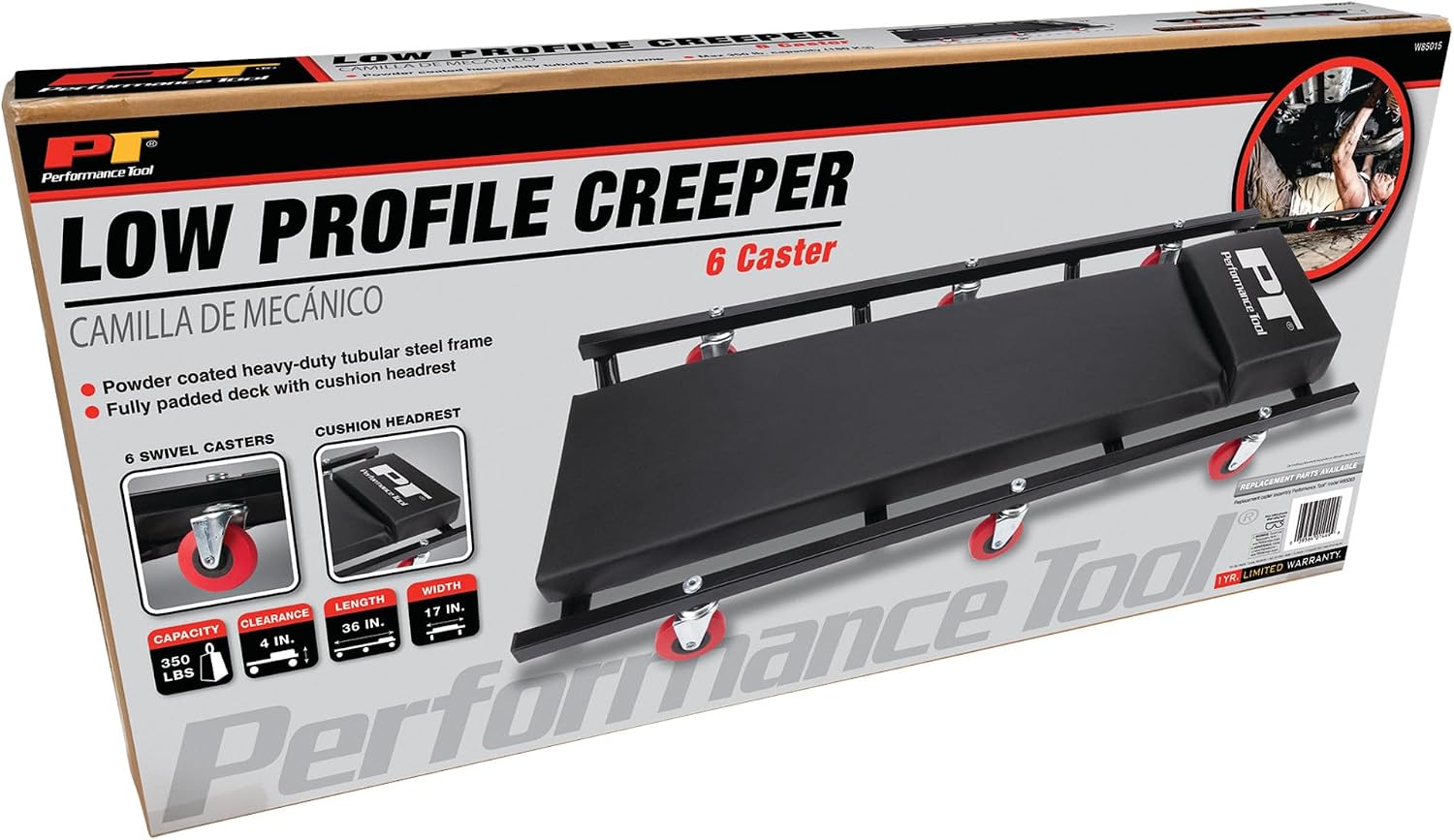 Performance Tool W85014 38 in. Low-Profile Automotive Mechanics Creeper | Oversized x-frame low profile creeper with 2-inch extra cushion padding. 5-inch jumbo swivel casters. 300 lb. capacity