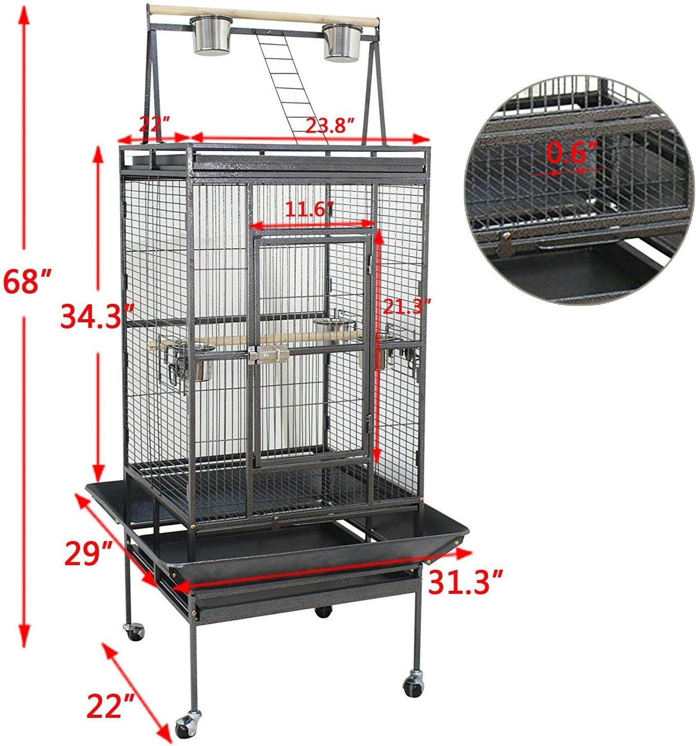 68 inch Iron Bird Cage, Play Top Parrot Cage with Rolling Stand for Parrot Cockatiels Parakeet Cage Macaw Finch Cockatoo Perch Pet House, Black