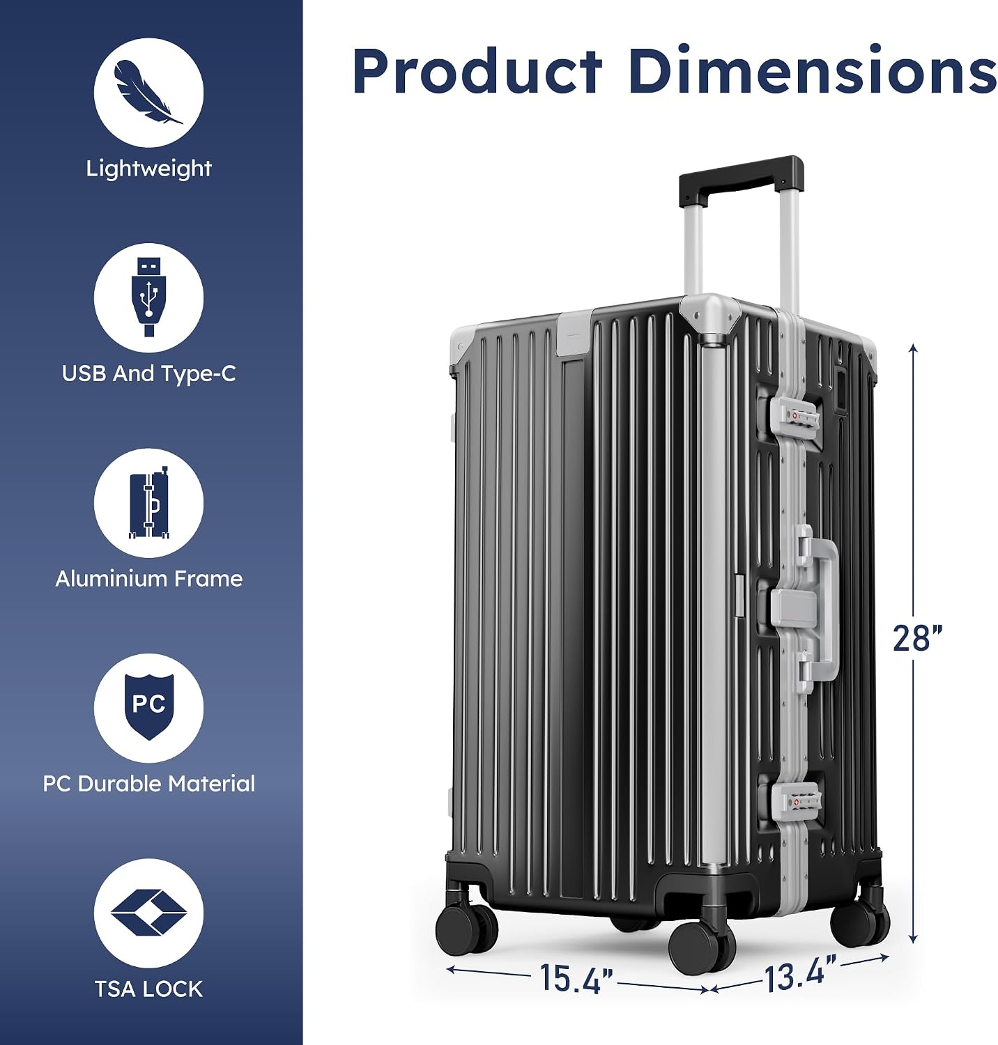 ALPHA CAMP Trunk Luggage 28 Inch with Aluminum Frame Zipperless Suitcase | Large Checked Thickened 3-Layer PC Hardside Luggage with TSA Lock,Charging Port,Cup Holder and Spinner Wheels for Travel