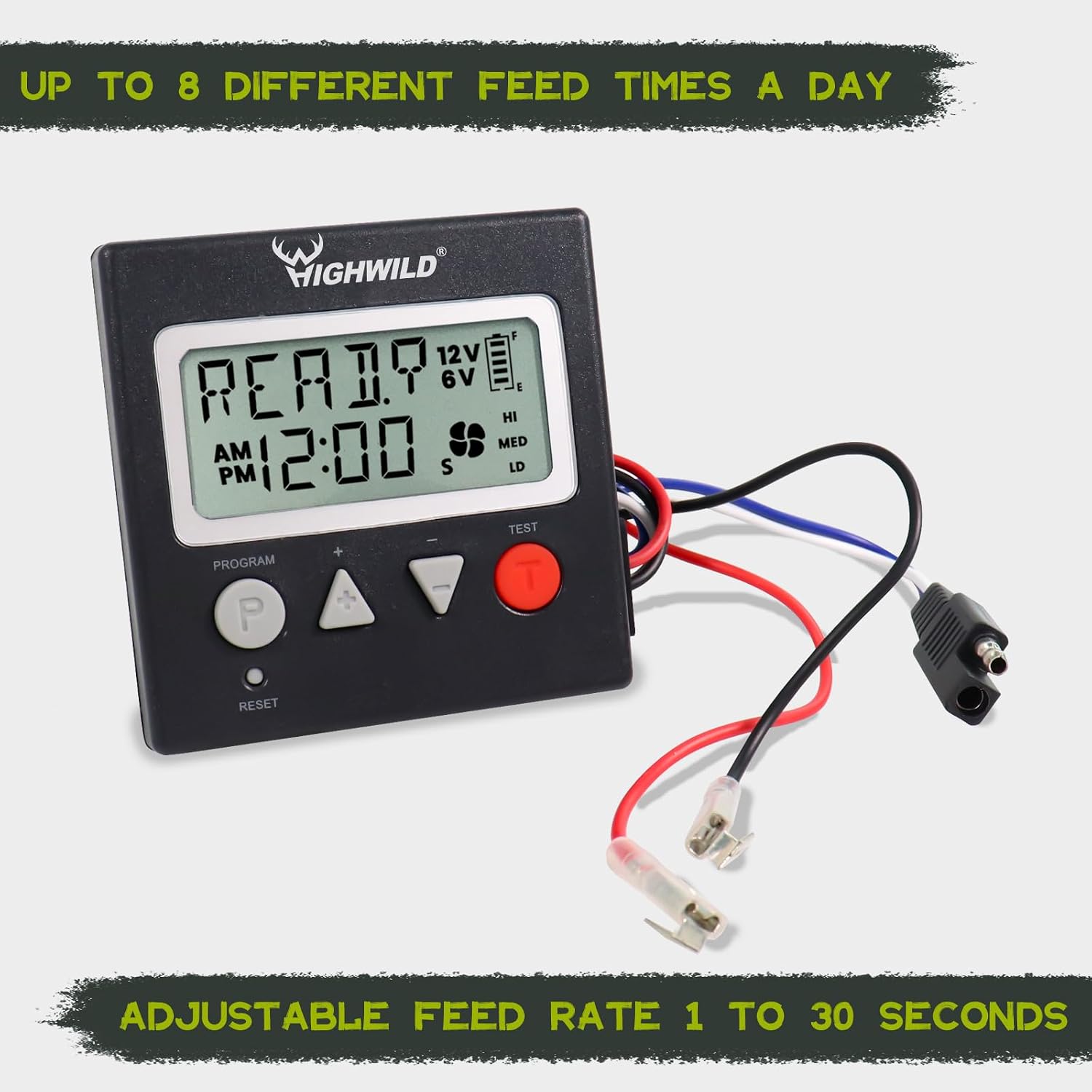 Highwild 6V/12V Universal Game Feeder Digital Timer | Up to 8 Feed Times Deer Feeder Timer with Adjustable Feed Duration, Motor Speed, LCD Display